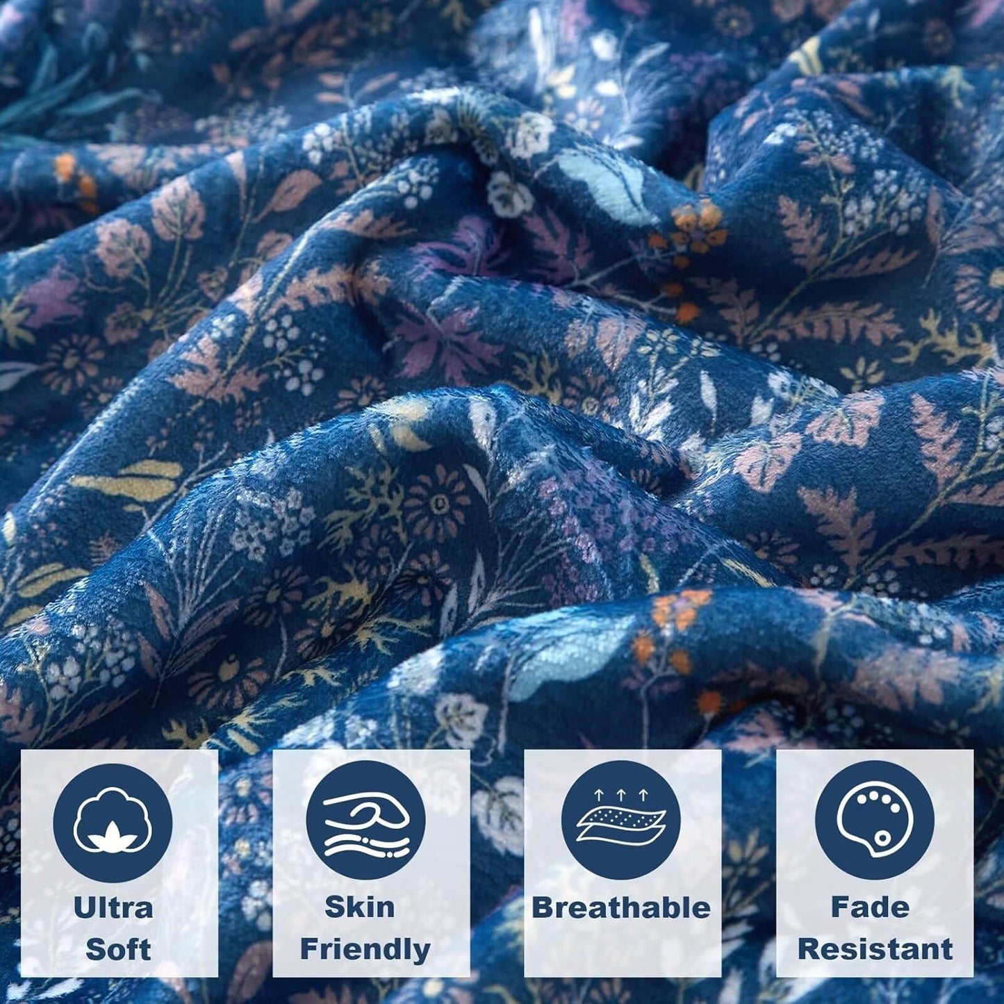 Navy Blue Flannel Throw Blanket for Couch Sofa Bedroom All Season Use Lightweight Floral Fleece Autumn Fall Thin Throw Blankets for Office Naps Travel Soft Cozy Warm Blanket for Women