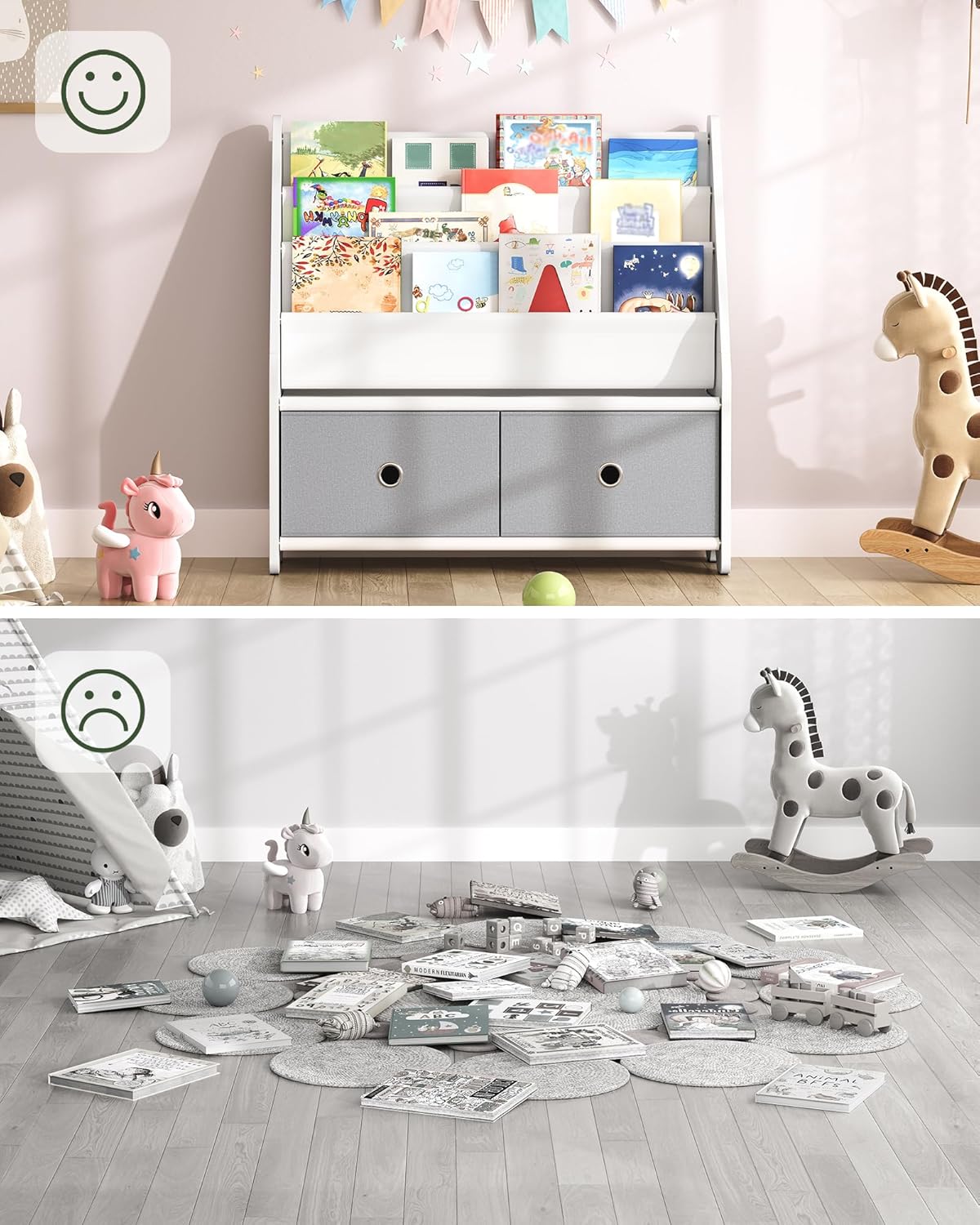 Kids Bookshelf and Toy Storage, 4 Tier Large Capacity Kids Book Rack, Sling Kid Bookcase, for Kids Room, Nursery, Playroom, White and Gray MCW06WT