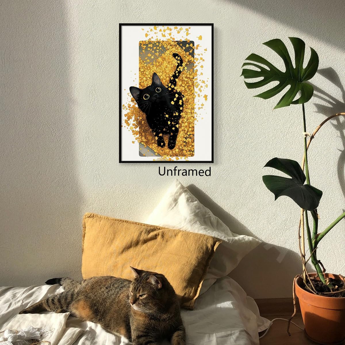 OAOPIC Black Cat Canvas Wall Art, Cat Sits Among Autumn Falling Maple Leaves Poster, Cozy Fall Season Halloween Wall Decor, Thanksgiving Day Cute Kitty Painting Gift for Animal Lover 8x12in Unframed
