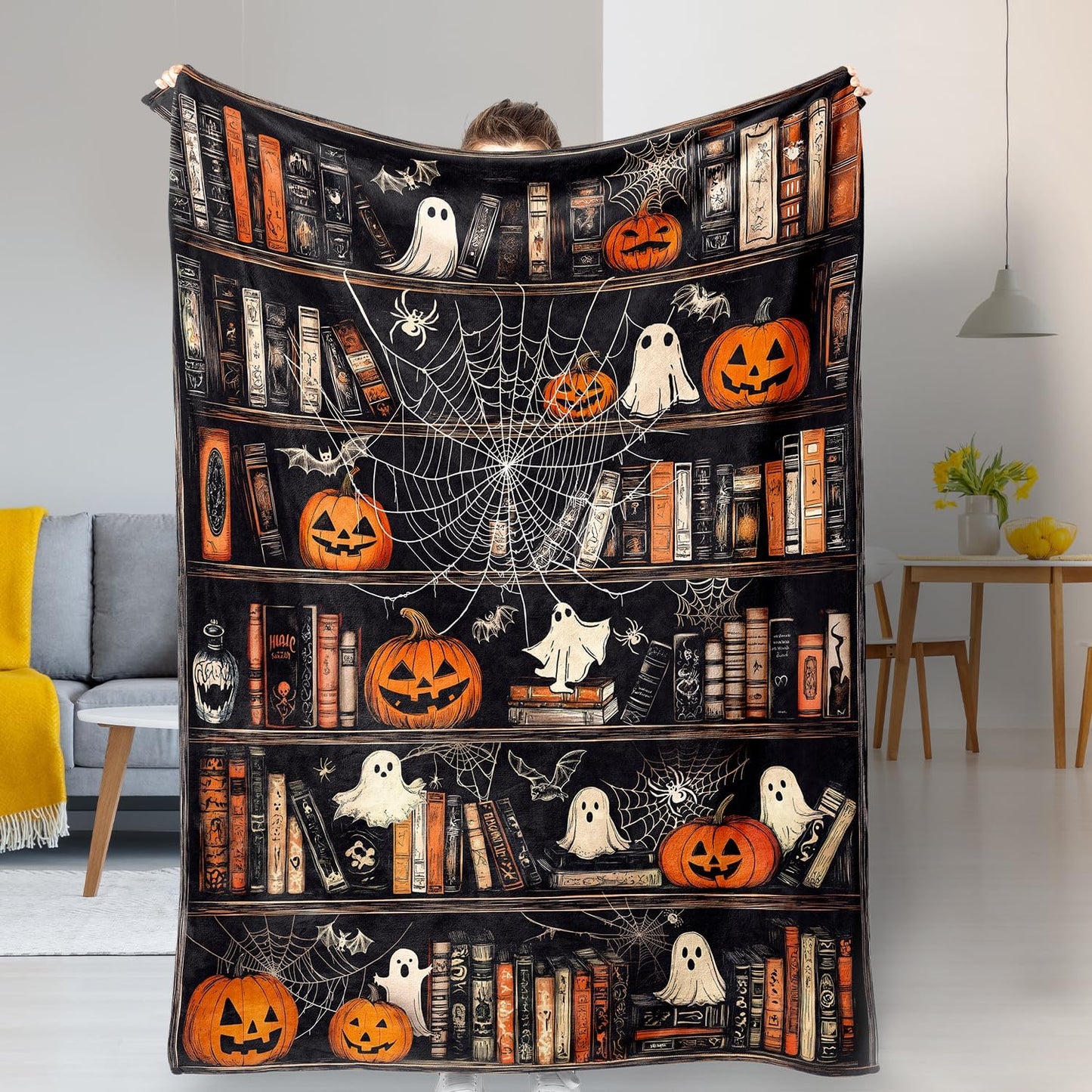 Halloween Blanket Gothic Ghost Bookshelf Throw Blanket for Book Lovers Pumpkin Spider Web Fleece Throw Blankets Super Soft Warm Cozy Flannel Blankets for Couch Sofa Bed 50" x 60"
