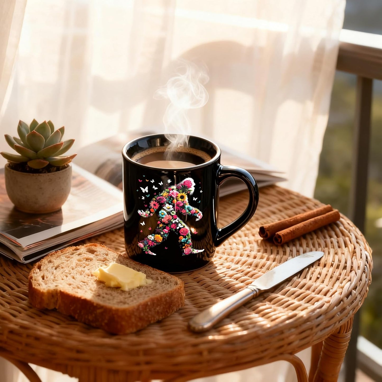 Boho Floral Bigfoot Mug, Big Foot Sasquatch Gifts Ceramic Coffee Mug, Gifts for Camping Hiking Lovers, Gift for Hikers Coffee Tea Cups 11 oz