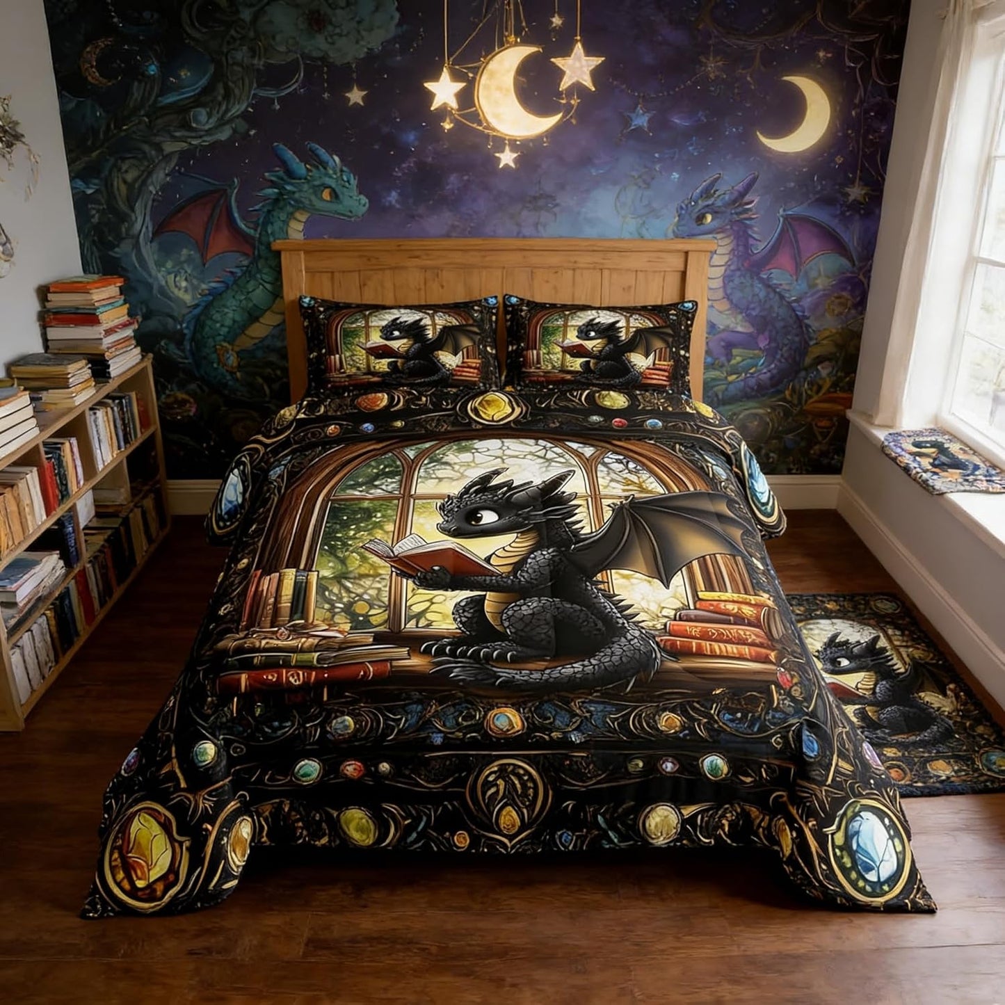 Cartoon Dragon Kids Comforter Set Twin Size,Reading Book Bookshelf Trippy Bedding Set,Girls Boys Room Decor,Geometric Patchwork Vintage Down Comforter,Black Noble Chic Duvet Insert,1 Pillowcase
