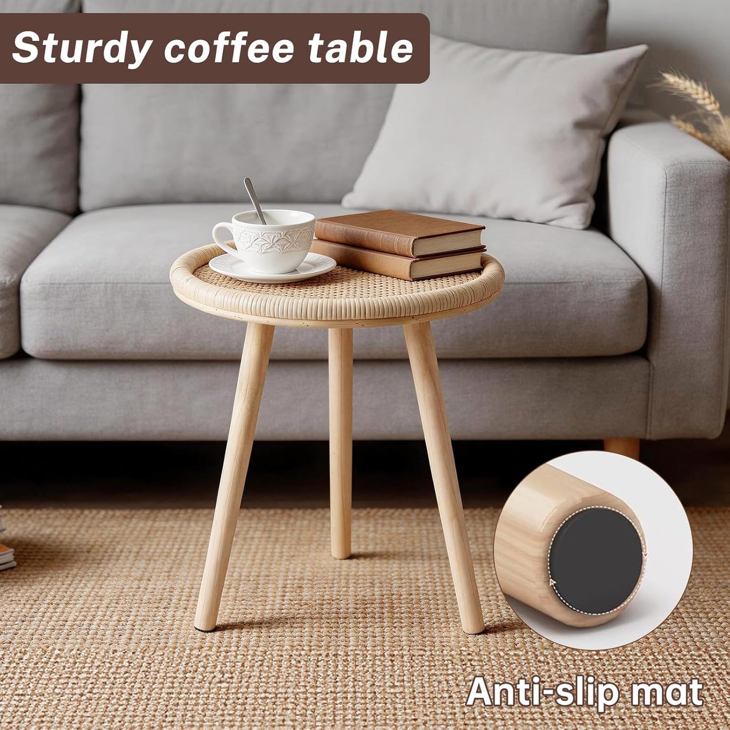 Small Side Table, Rattan Round Coffee Table, Boho Circle Side Tables End Table for Living Room, Mid Century Accent Table for Bedroom Balcony