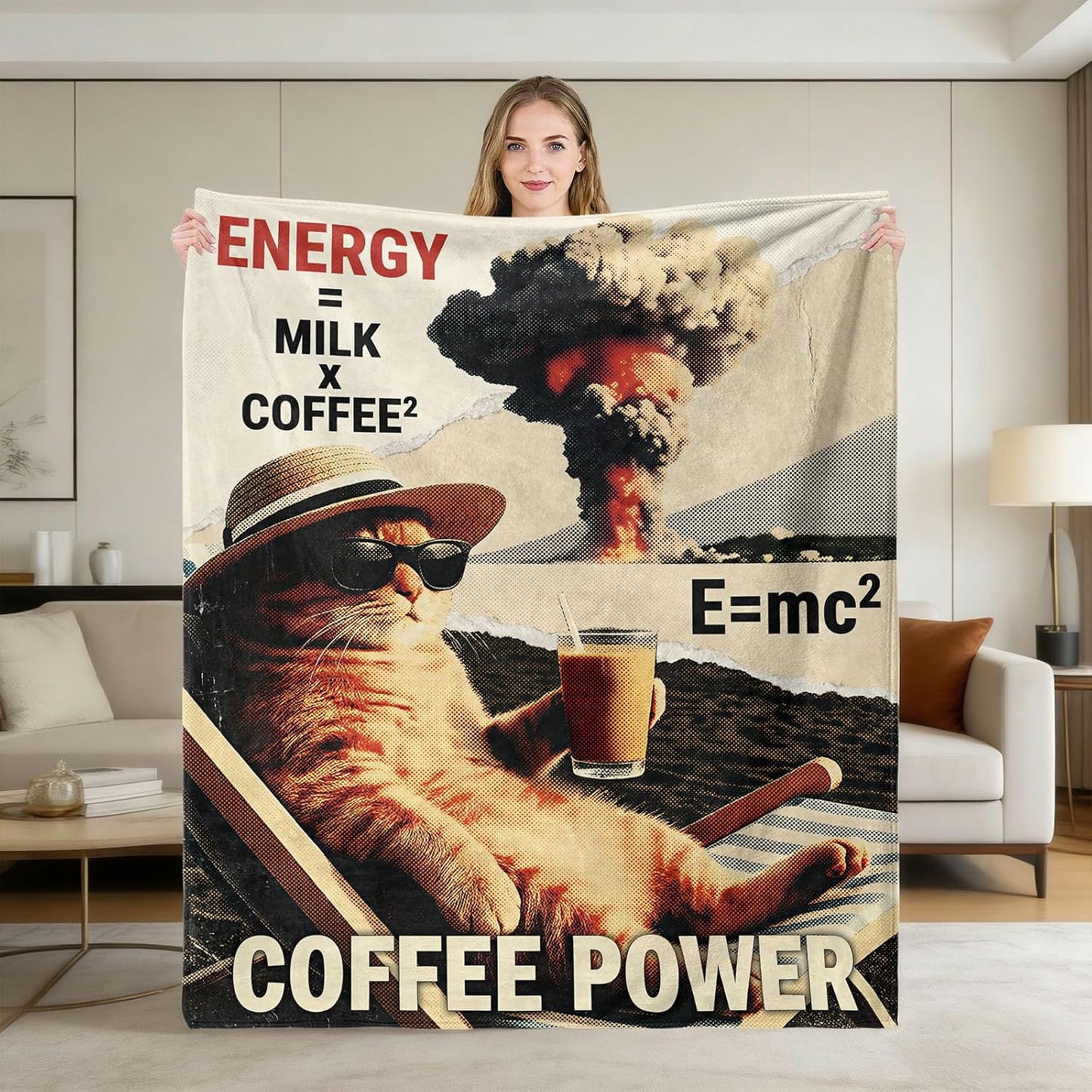 Lifeel Coffee Power Ginger Cat Throw Blanket, Funny Vintage Pop Quirky Caffeine Enthusiast Soft Cozy Flannel Blanket for Coffee Lovers Gife, 50×60 inch