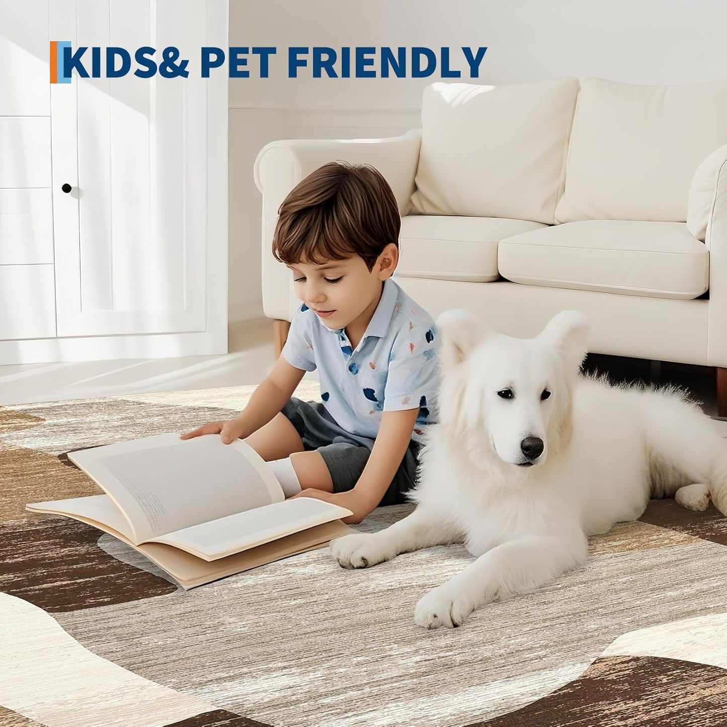 Modern Abstract Rug for Living Room 9x12 Large Low Pile Washable Rugs with Non-Slip Backing, Stain-Resistant Contemporary Indoor Carpet, Neutral Rugs Print Floor Mats for Bedroom Nursery, Brown