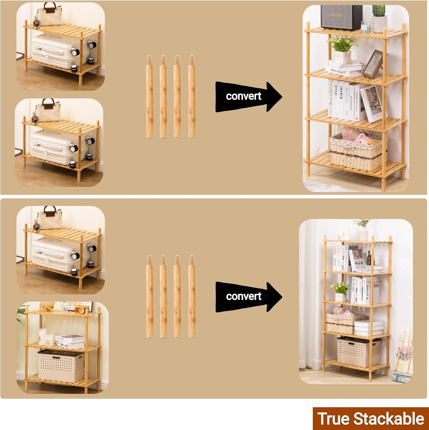 3-Tier Expandable Bamboo Bookshelves and Bookcases,Heavy-Duty, Tool-Free, 31.8"Tall Shallow Book Shelf Organizer Rack, Freestanding Storage Shelving Unit for Living Room, Kitchen, Bathroom, Office