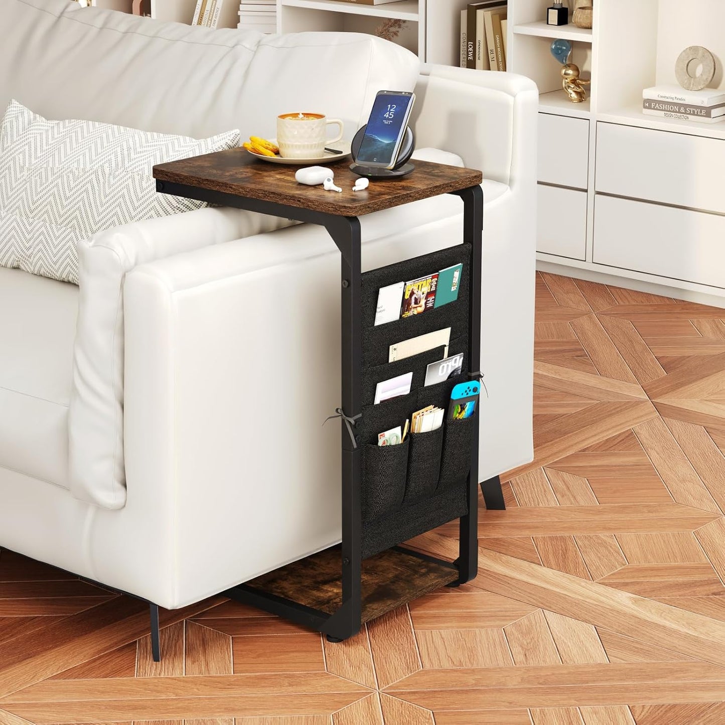 Narrow C-Shaped End Table with Storage Bag, Small Couch Side Table, Sofa TV Tray Table for Living Room, Bedroom, Bedside ET-P-BR1