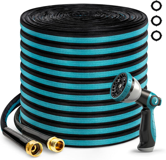 100FT Garden Hose, Kink-Free Non-Expandable Flexible Water Hose with 10-Pattern Spray Nozzle, Lightweight Leakproof Flat Hose with 3/4” Solid Brass Connector for Yard, Lawn & Outdoor Use