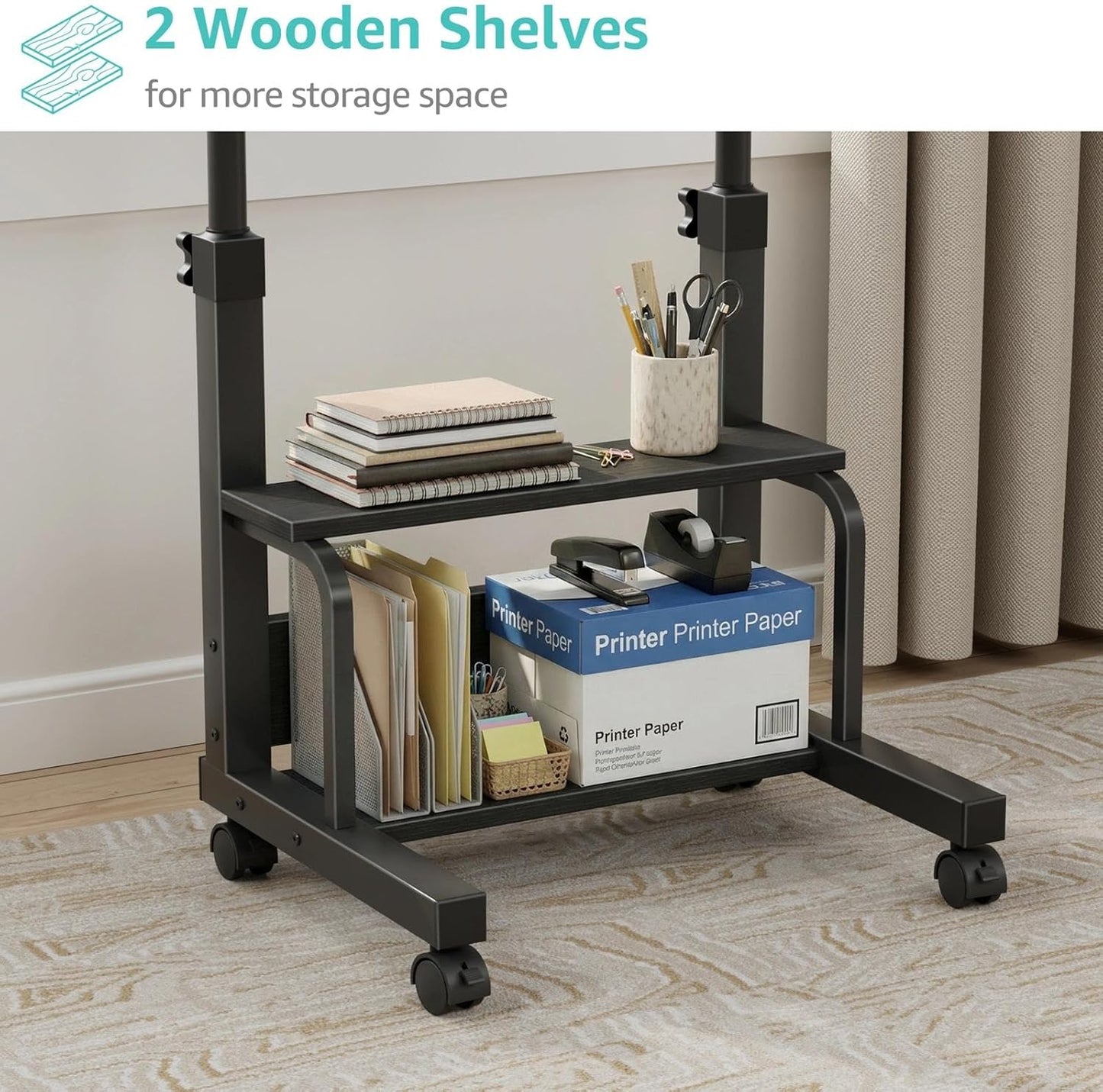 Small Rolling Desk for Small Spaces - 24" Portable Standing Desk with Wheels, Height Adjustable C Shaped Side Table Mobile Laptop Desks with 2-Tier Storage Shelves for Bed Sofa, Black
