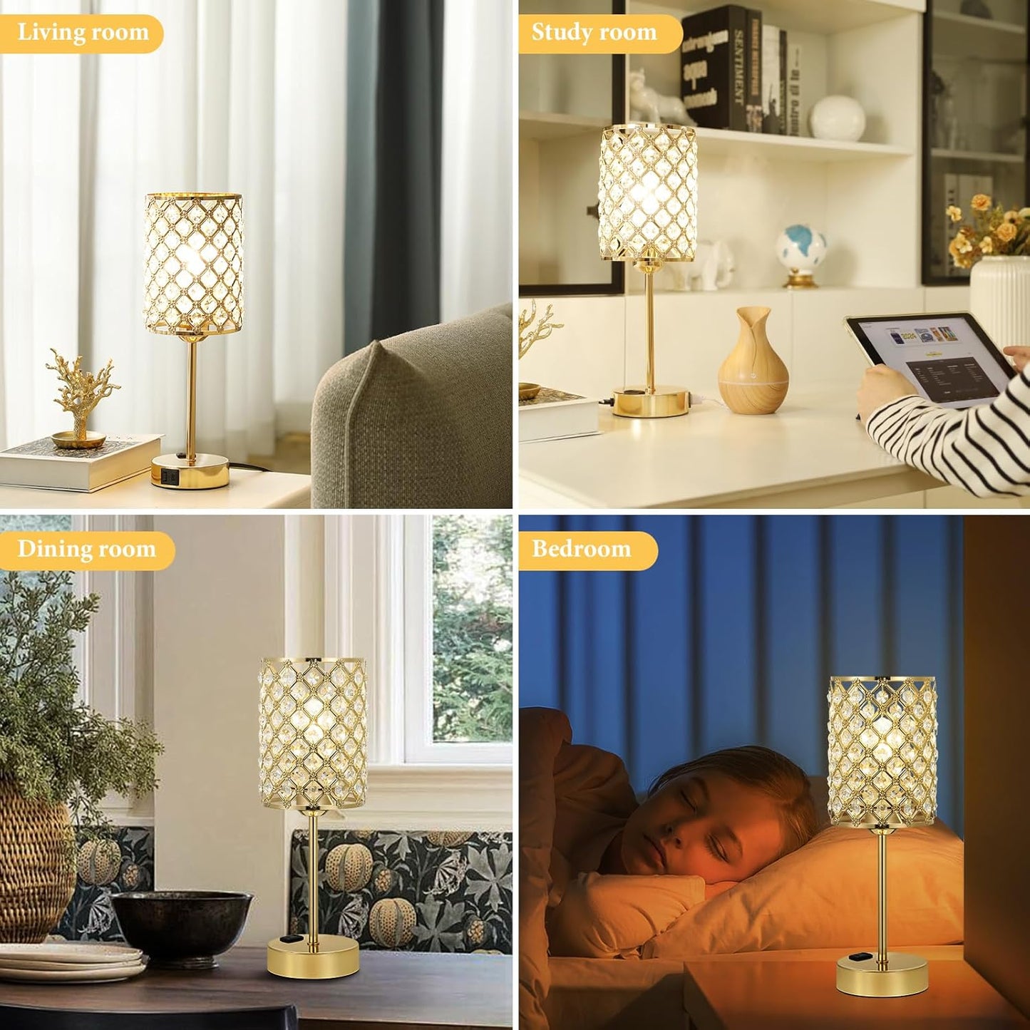 Hong-in Gold Lamps for Night Stands-Crystal Table Lamp with USB-C+A & AC Charging Ports, 3-Way Dimmable Nightstand Touch Lamp, Bedside Desk lamp for Bedroom Living Room Home Office