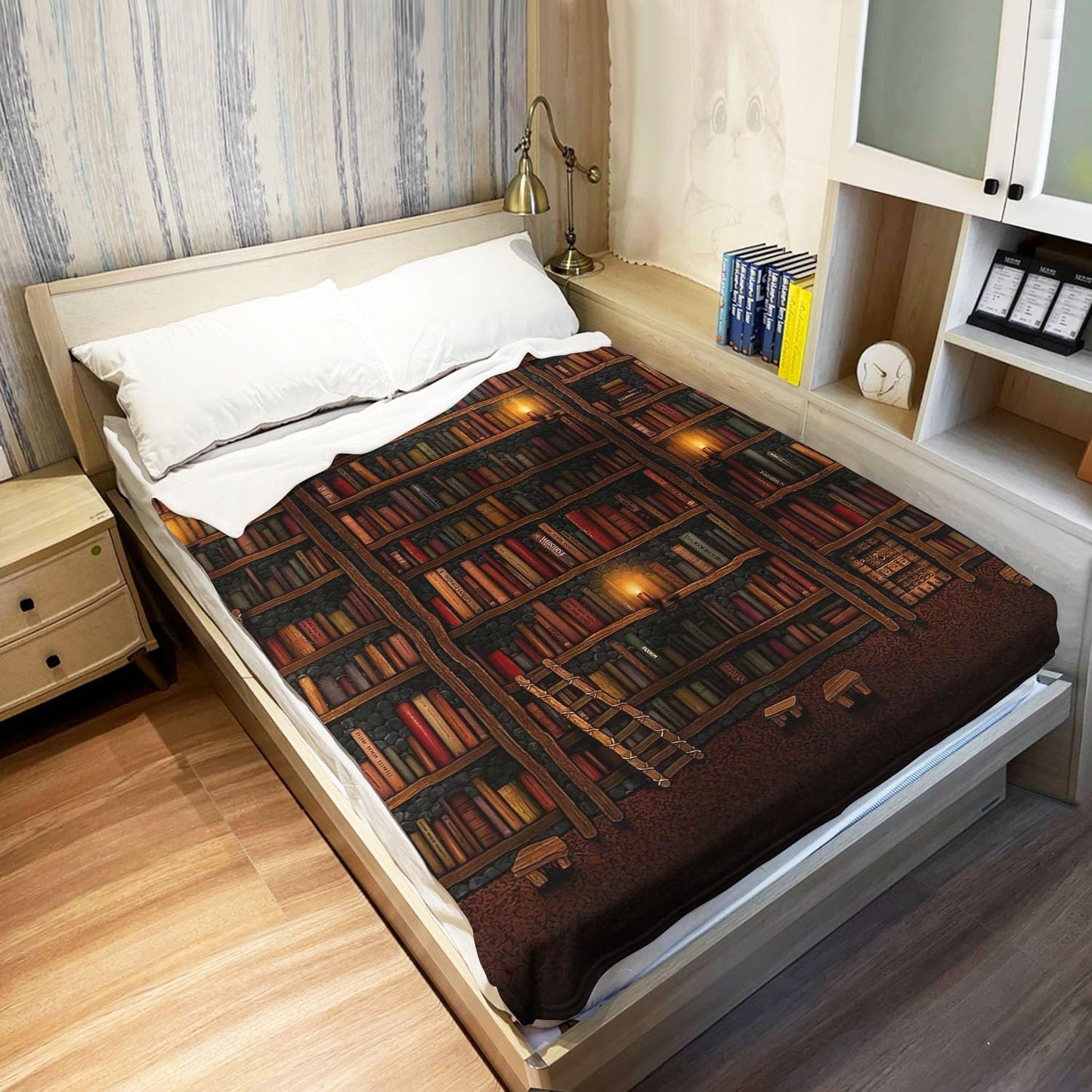 Bookish Reading Blanket Soft Warm Flannel Plush Throw Blankets for Book Lovers Gift Ideas, Vintage Library Bookshelf Candle Ladder, 50 x 80 Inch
