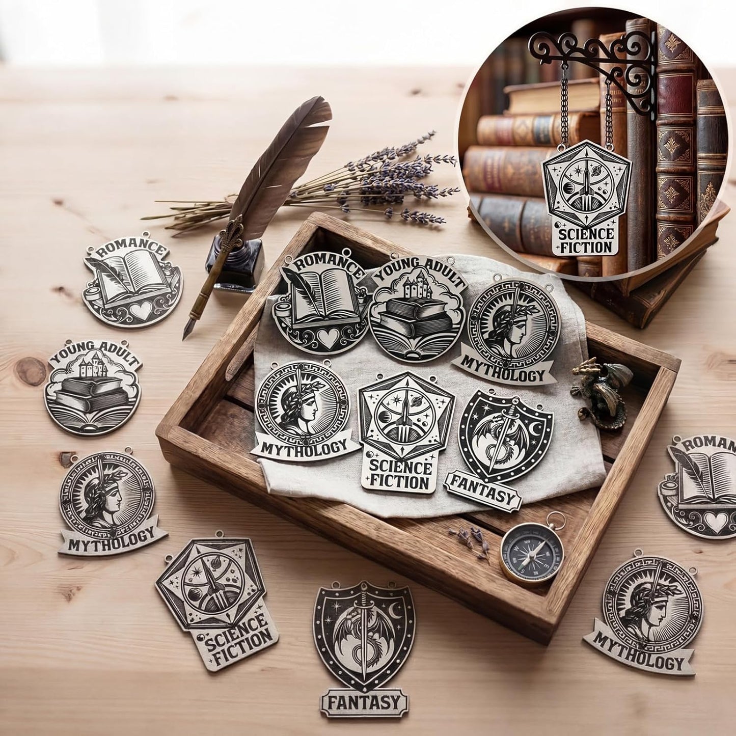 Set of 10 Vintage Literary Style Wooden Book Genre Signs for Bookshelf Genre Labels with Hanging Brackets Medieval Tavern Wall Art Home Library Book Dividers for Shelves Reading Library Decor