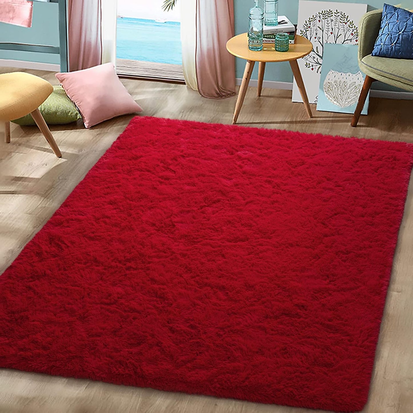 DETUM Red Rug 4x6 Feet - Fluffy Red Area Rugs for Bedroom Shaggy 4' X 6' Living Room Rug Soft Rugs for Kids Room Non-Slip Nursery Office Dorm Washable Carpets Home Decor