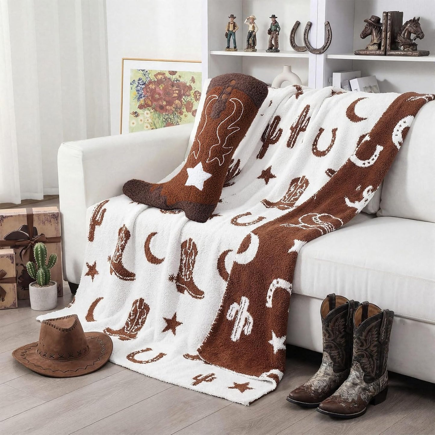 Western Cowboy Throw Blankets Pillow Set Include Brown Horse Shoes Cactus Beach Blanket 50 x 60 Inch and Cowboy Boot Plush Throw Pillows Cushion for Couch Sofa Bed Decoration
