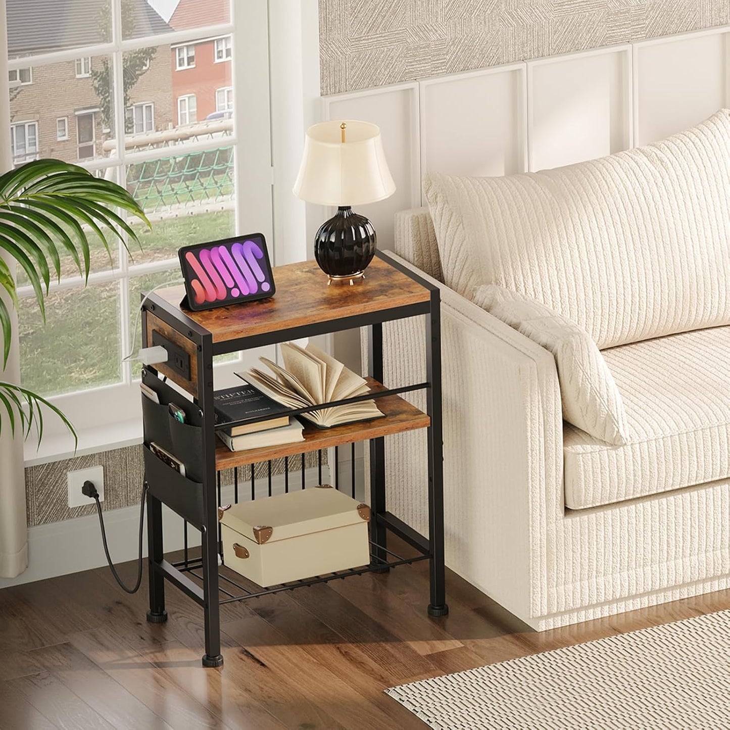 HOOBRO End Table with Charging Station, Small Side Table with Magazine Holder, Nightstand Bedside Table, 3-Tier Storage Shelf for Small Space, Living Room, Bedroom,Rustic Brown and Black BF412UBZ01