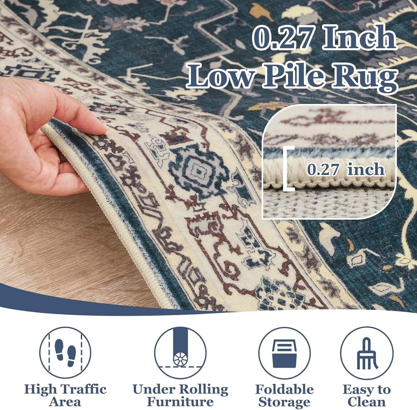 Farmhouse Entryway Rugs 2x6, Low Pile Kitchen Runners Washable Non Slip, Distressed Medallion Printed Carpet Runners for Hallway/Bathroom/Bedroom Bedside/Laundry Room, Deep Blue/Multi