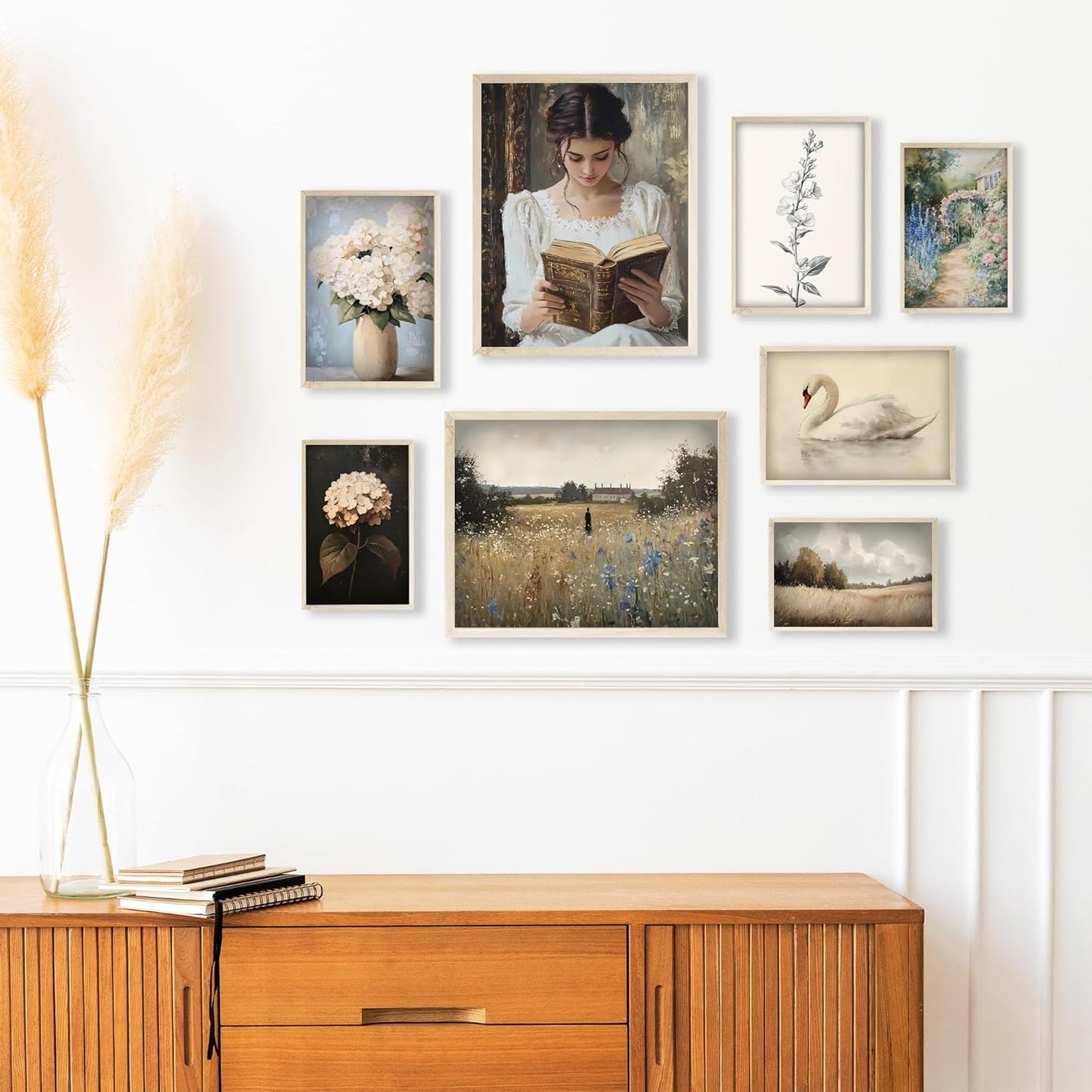 Eastern Print Victorian Wall Art Set of 8 PCS, Vintage Prints for Gallery Wall Decor, French Country Cottagecore Style, Swan, Floral, Classical Woman Reading Artwork for Bedroom, Living Room, Unframed