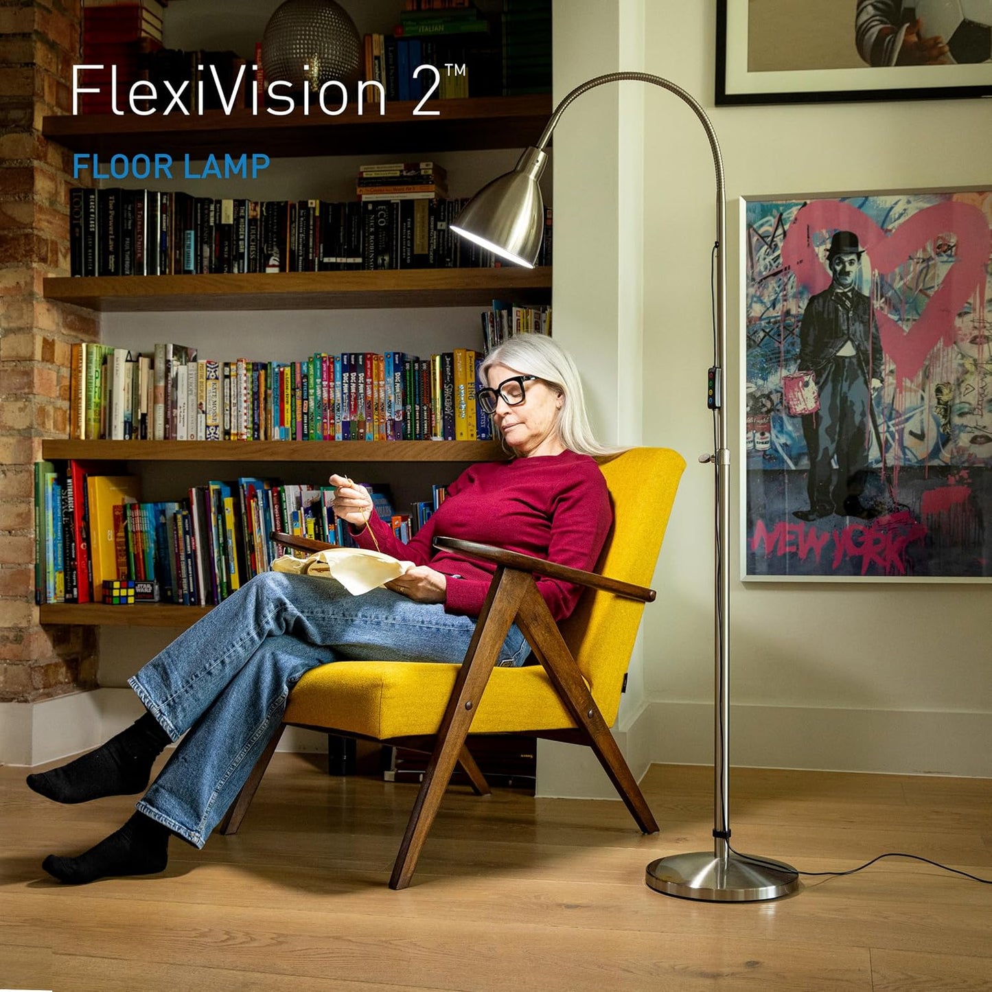 Daylight FlexiVision 2™ LED Floor Lamp – 3,500 Lux at 12", 5 Brightness Levels, 3 Color Temperatures, 95+ CRI, Adjustable Arm & Swivel Head, Anti-Tip Base, Low Vision Aid – Brushed Steel