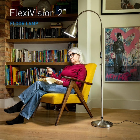 Daylight FlexiVision 2™ LED Floor Lamp – 3,500 Lux at 12", 5 Brightness Levels, 3 Color Temperatures, 95+ CRI, Adjustable Arm & Swivel Head, Anti-Tip Base, Low Vision Aid – Brushed Steel