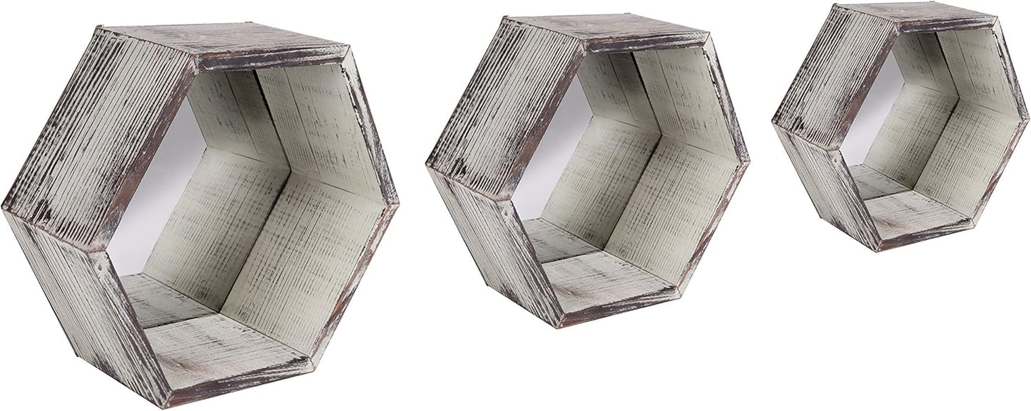 MyGift Wall Mounted Floating Shelves, Solid Torched Wood Hexagon Display Shelf Wall Decor with Mirrored Backing, 3 Piece Set