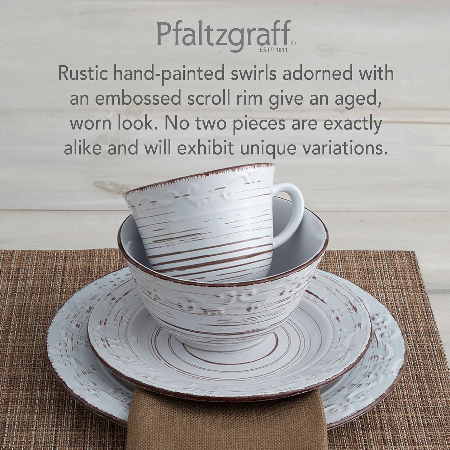 Pfaltzgraff Trellis White 16-Piece Stoneware Dinnerware Set, Service for 4, Distressed White Finish, Microwave & Dishwasher Safe Plates and Bowls