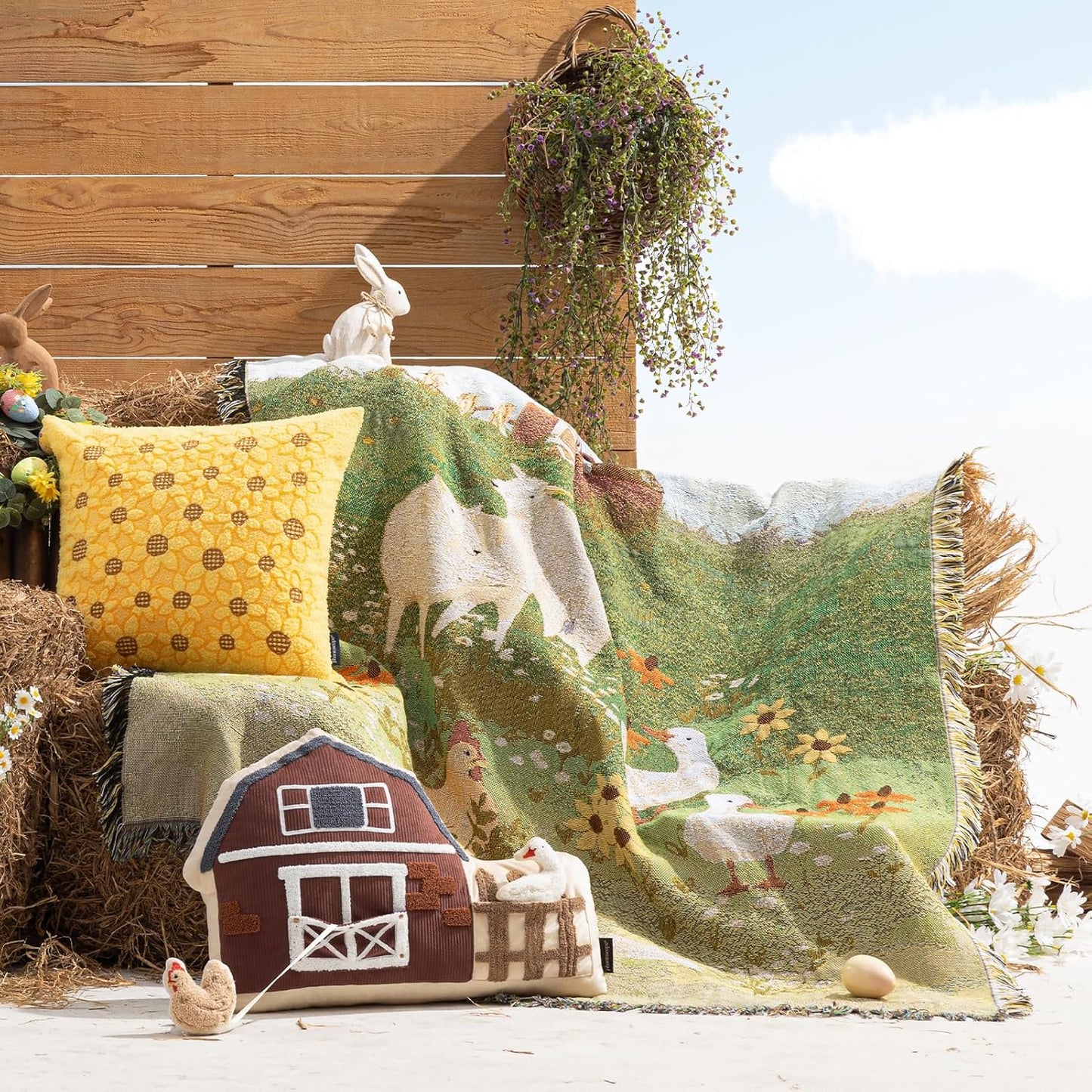 Phantoscope Easter Blanket Soft Jacquard Knitted Throw Blanket with Tassel, Warm Cozy Blankets with Farm Animals Blankets for Couch Living Room Bedroom, Green, 50 x 60 inches