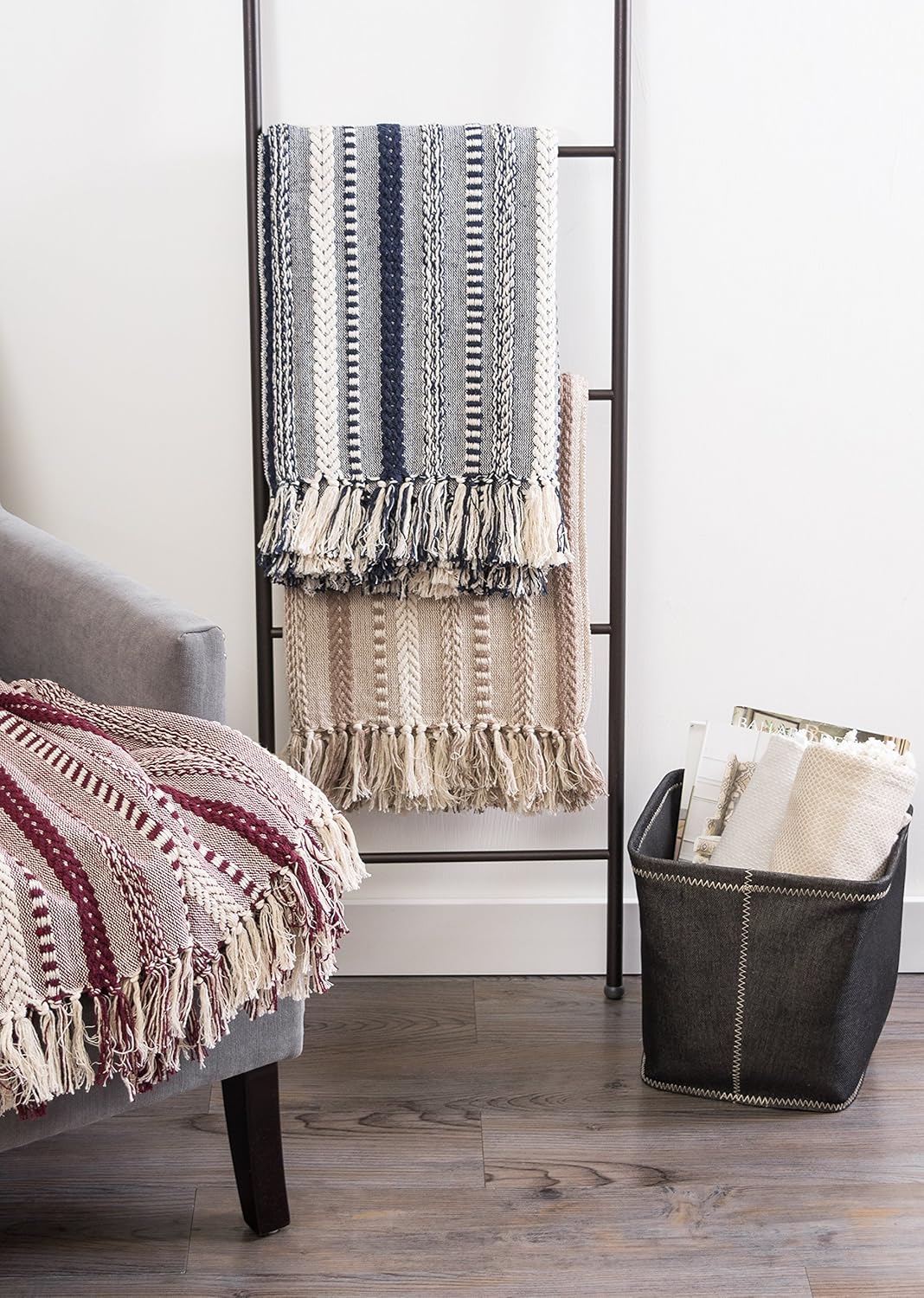 DII Braided Striped Decorative Throw Blanket, 50x60, BlackBerry