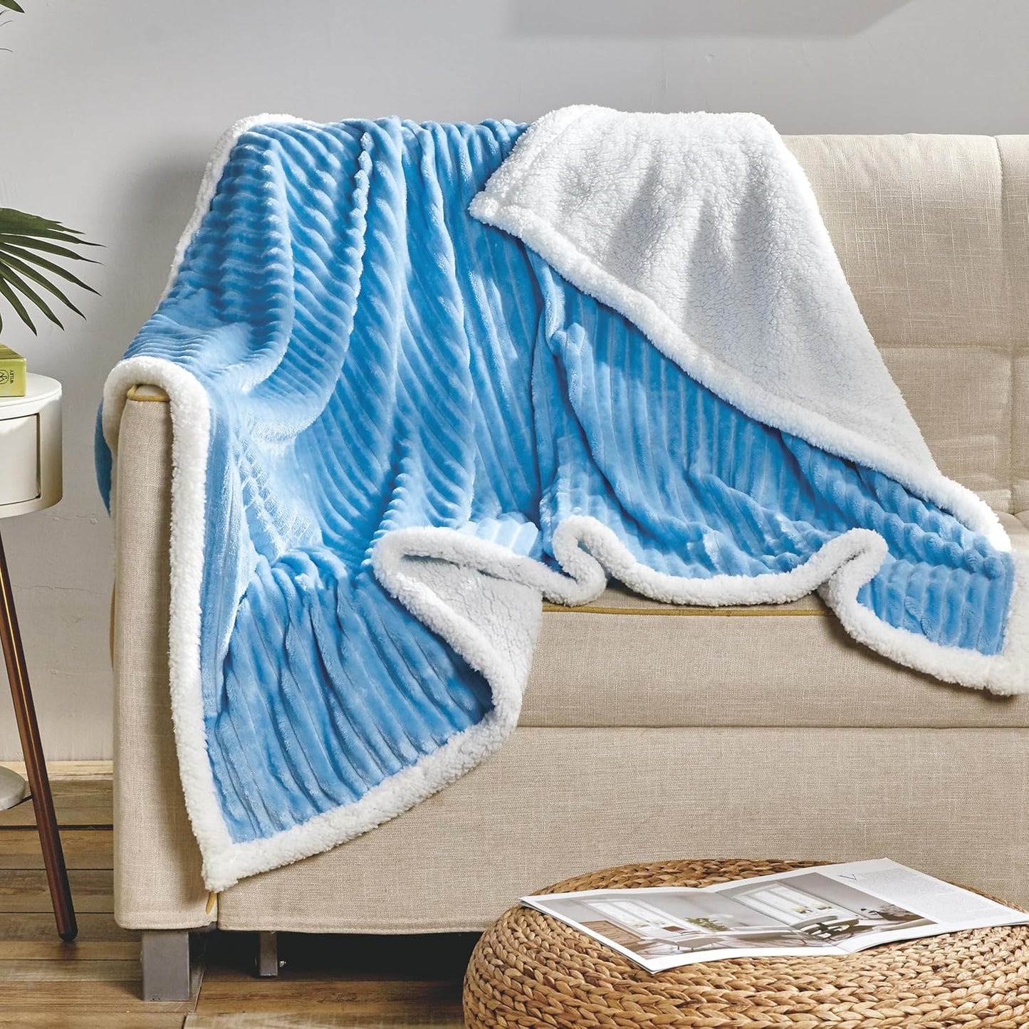 Elegant Comfort Corduroy Sherpa Reversible Throw Blanket, Medium Weight and Super Plush - Soft, Fuzzy and Plush Flannel Blanket - Micro-Suede - Corduroy Striped Pattern, 50 x 60 Inch Throw, Light Blue