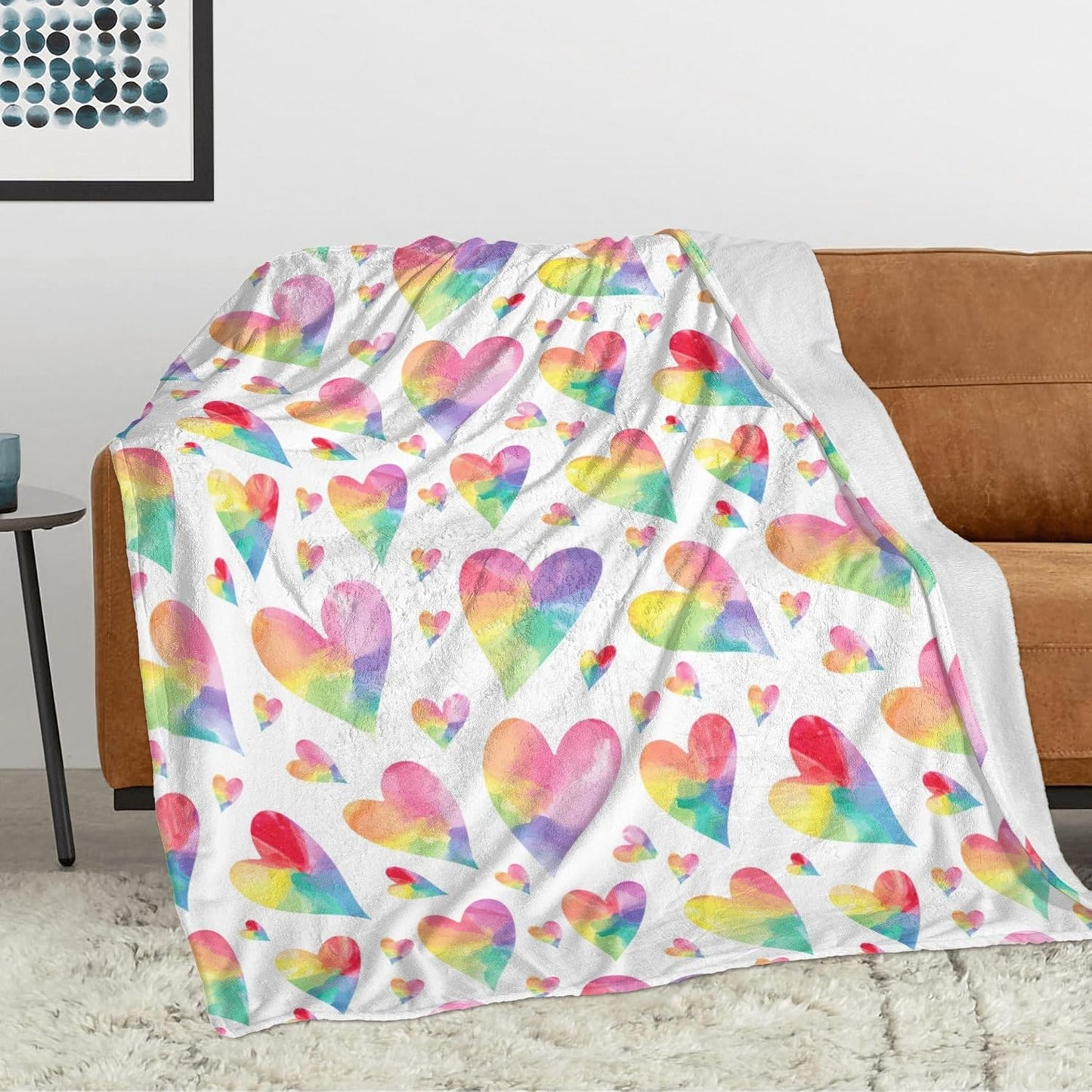 Love Heart Throw Blanket for Couple - Colorful Rainbow Heart Pattern Soft Flannel Fleece 40x50 Inches