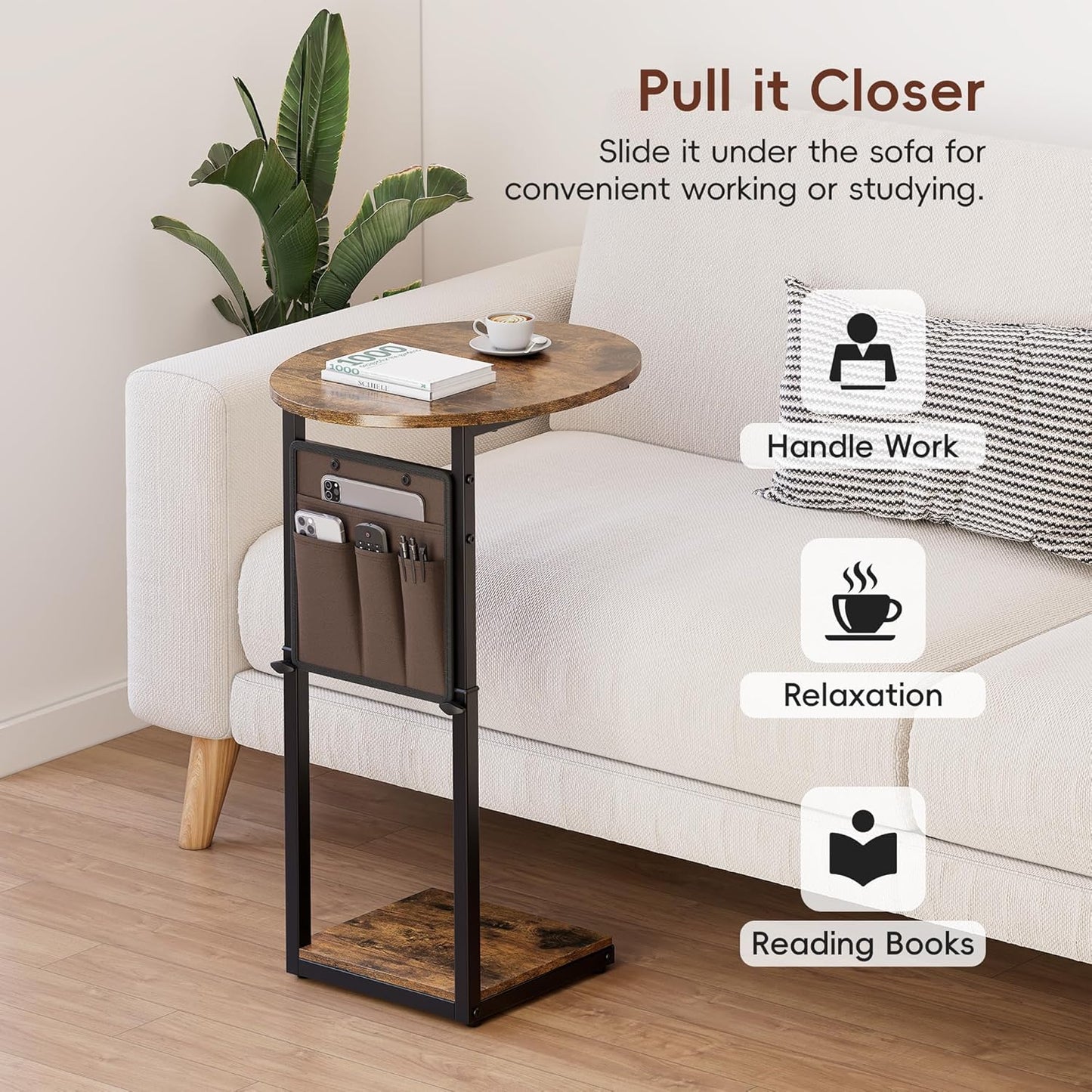 Vagusicc C Shaped End Table, Adjustable Height Small Side Table for Couch, 32" Tall Couch Side Table Slide Under Sofa Table TV Tray with Storage Bag for Living Room and Bedroom, Brown