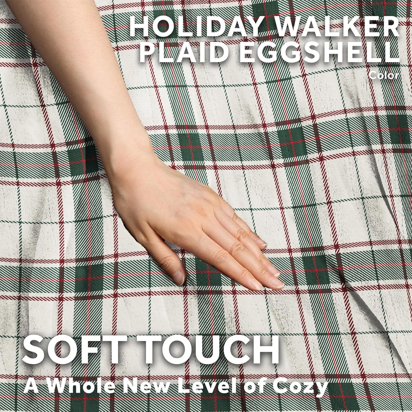Sunbeam Electric Throw Royal Posh Heated Blanket, 4 Heat Settings, 4-Hour Auto Shut-Off, Fast Heating, Warm and Cozy, Eggshell Plaid, 50" x 60"