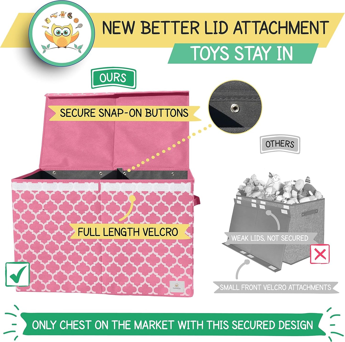 Toy Chest - Collapsible Storage Bin for Nursery, Bedroom, and Playroom - Toy Box with Lid, Hook-and-Loop Fastener - Spacious Compartment for Toddler Boys and Girls - 25"x16"x13", Pink