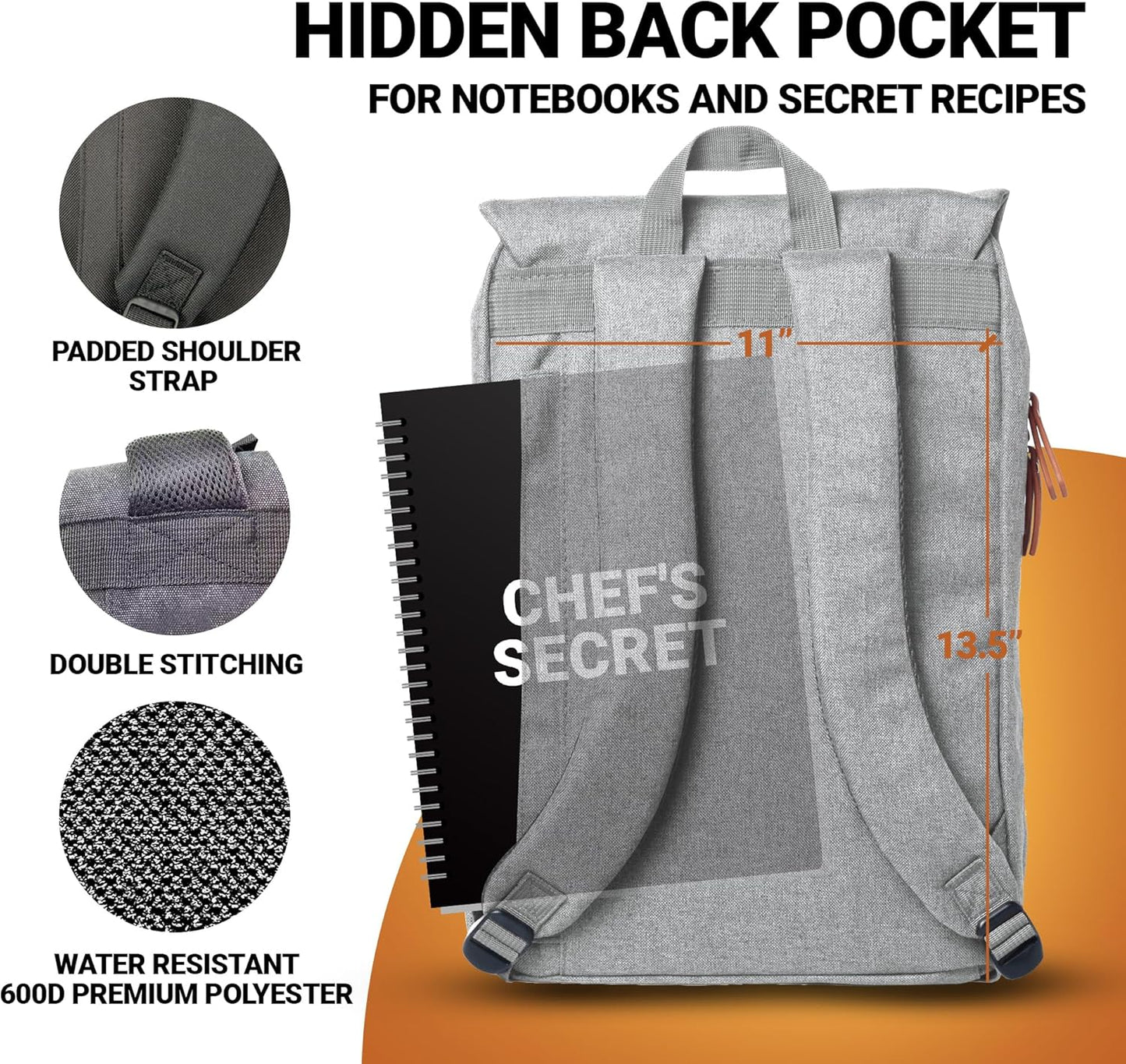 Chef Knife Bag Vintage Backpack | 30+ Pockets for Knives and Chef Tools | Knife Carrying Case with Hidden Back Pocket for Tablet | Sturdy Knife Bag for Chefs & Culinary Students (Heather Grey)