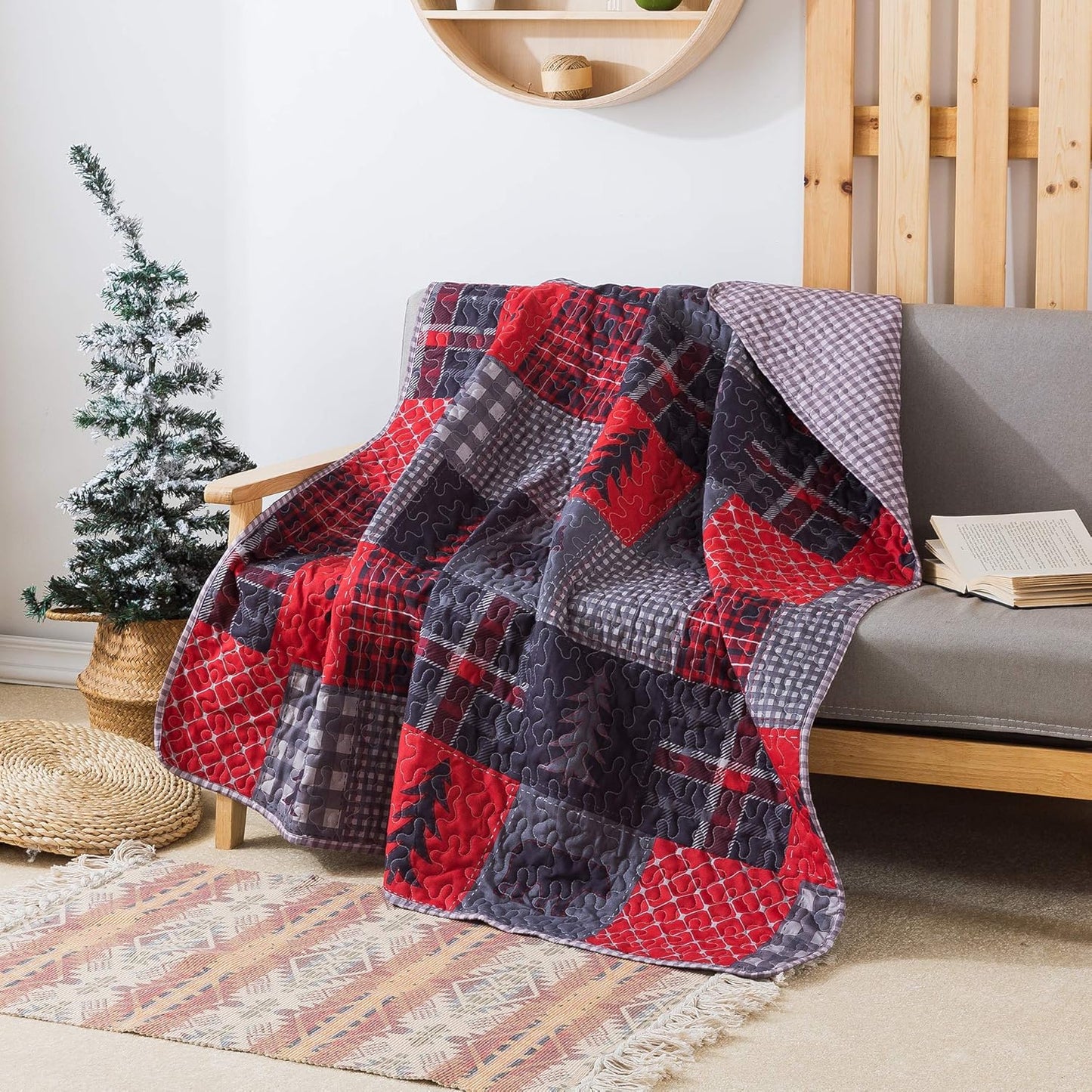 Soul & Lane Cabin Charm 50"x60" Quilted Throw: Plaid Quilted Blanket, Outdoor Nature Themed Patchwork Coverlet, Christmas Quilt for Couch, Comforter Lap Quilt, Lightweight Red and Black Lap Cover
