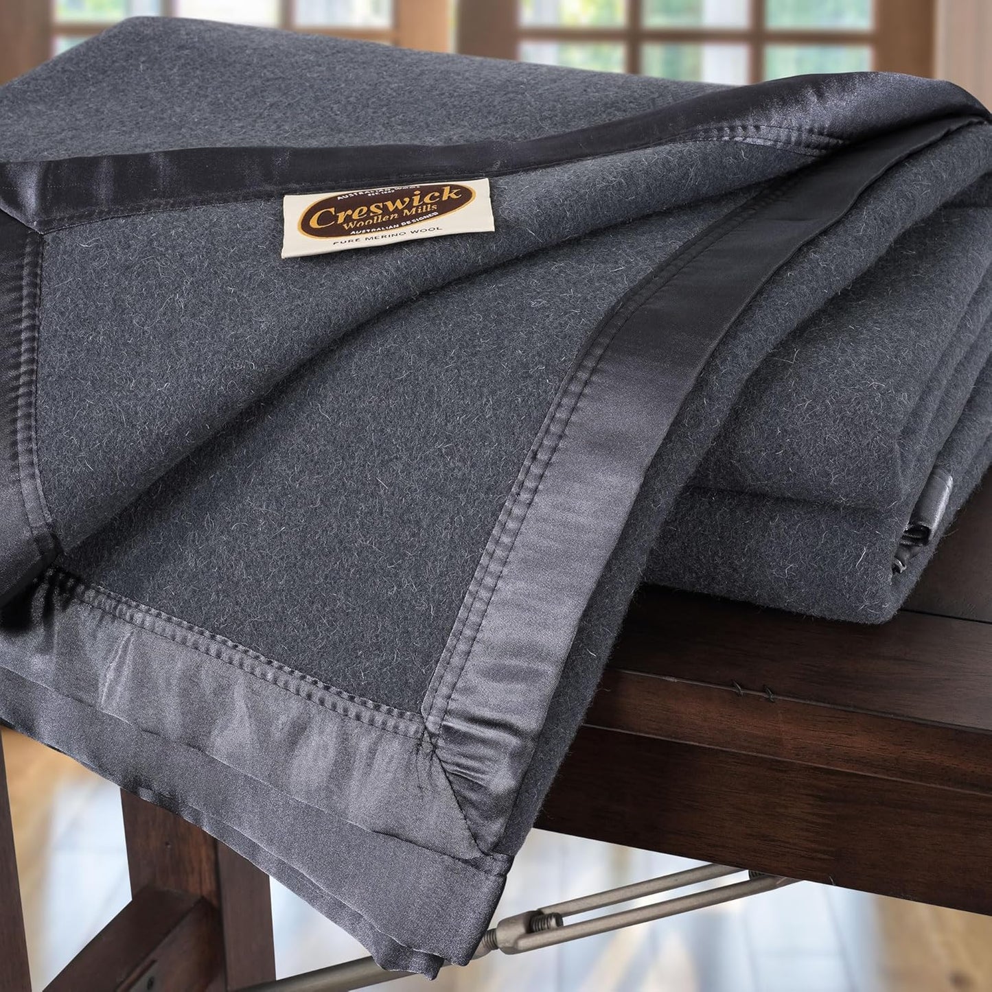 Creswick Woollen Mills 100% Australian Merino Wool Blanket – Soft Warm and Natural with Satin Binding, Breathable Luxury Bedding for All Seasons, (Charcoal, Full/Queen Size)