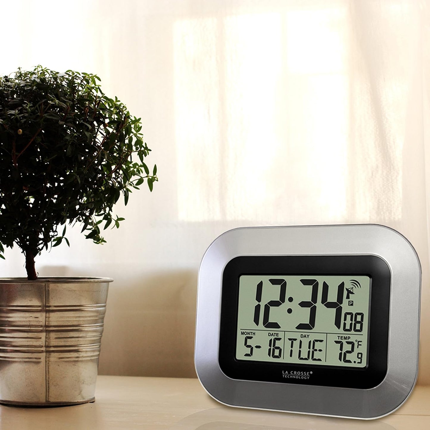 La Crosse Technology WT-8005U-S Atomic Digital Wall Clock with Indoor Temperature, Silver