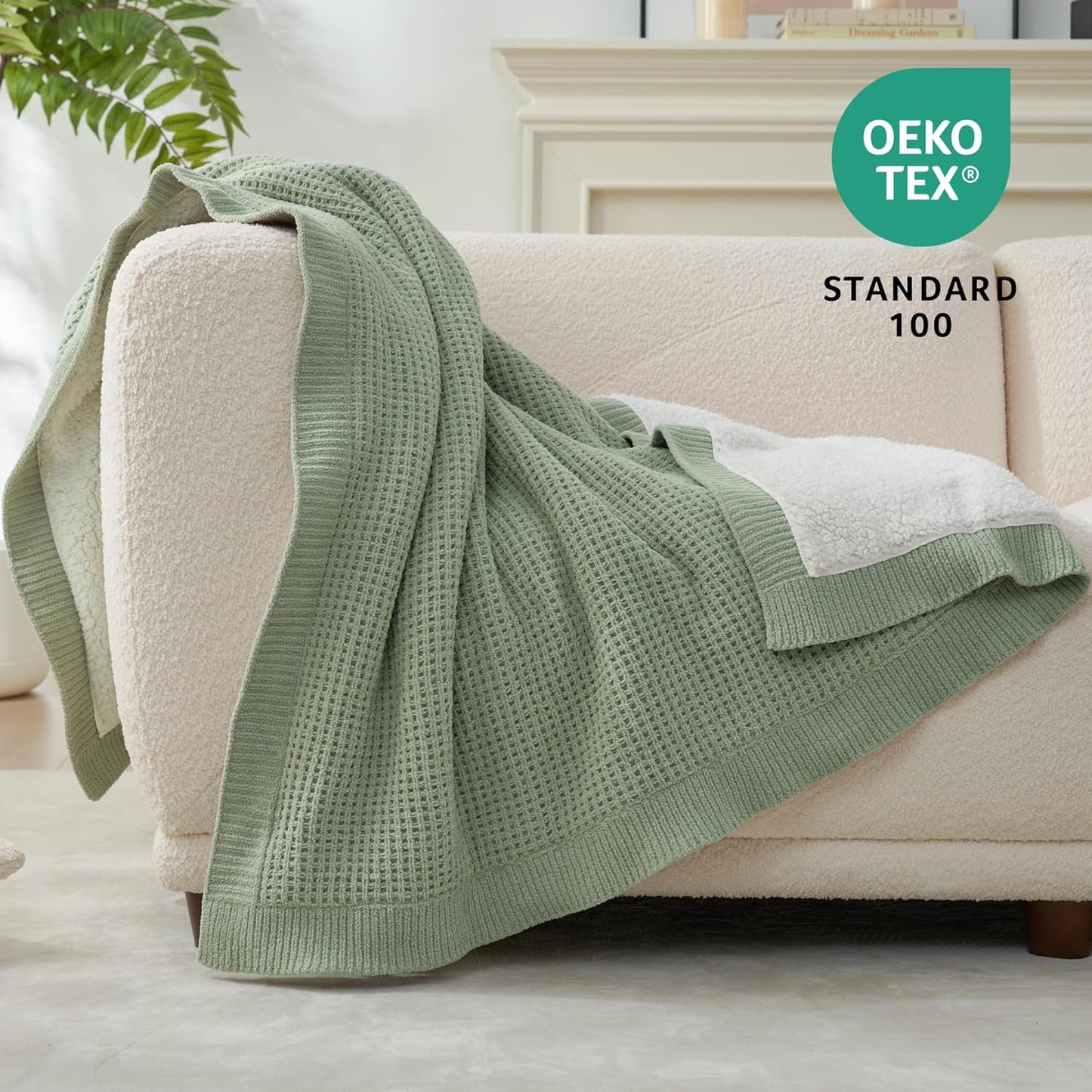 Amélie Home Reversible Waffle Weave Throw Blanket, Chenille Knit with Warm Sherpa, Soft Cozy Blanket for Couch, 50"x60", Sage Green