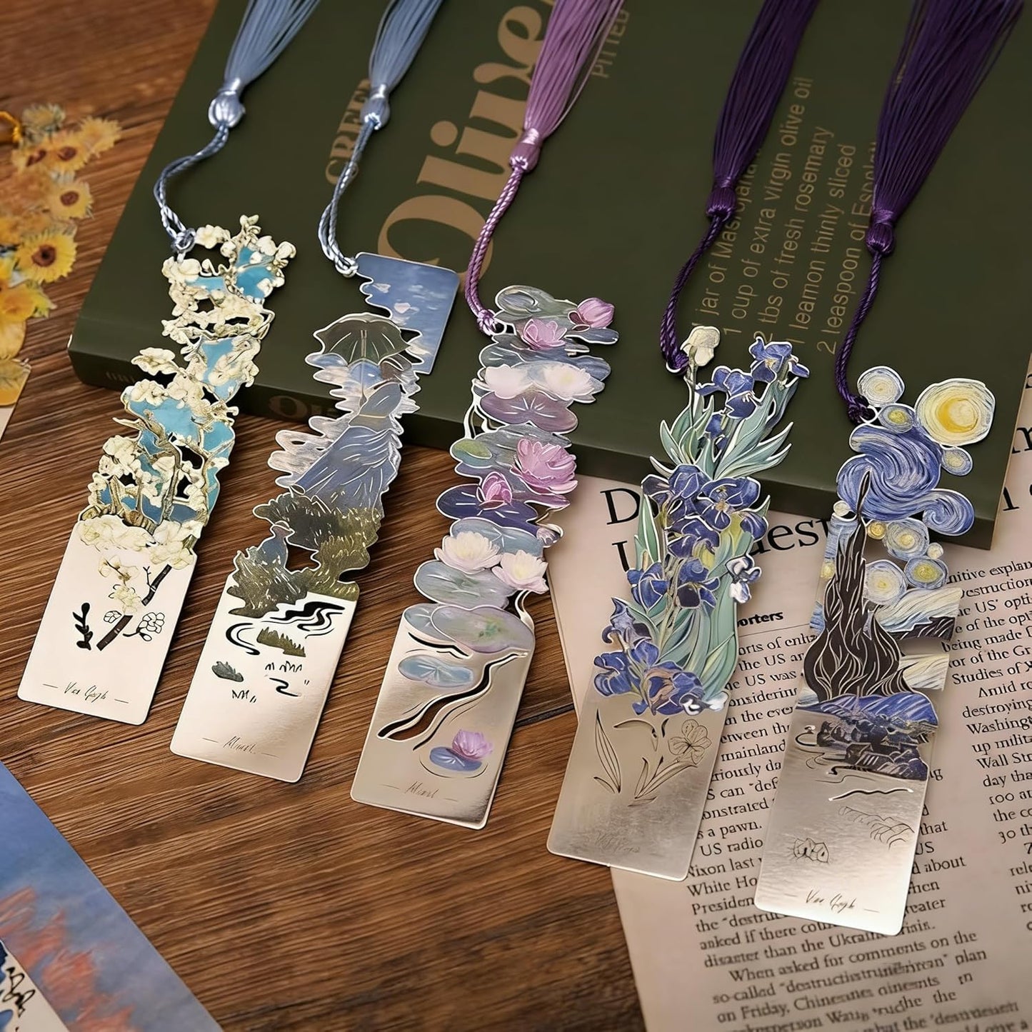 2 Pcs Metal Bookmarks with Tassel, Sliver Hollow Bookmark Van Gogh Oil Painting Theme Bookmark Art Bookmarks for Book Lovers Writers Readers Children Teens Men Women Adults (Blossoms+ Rose)