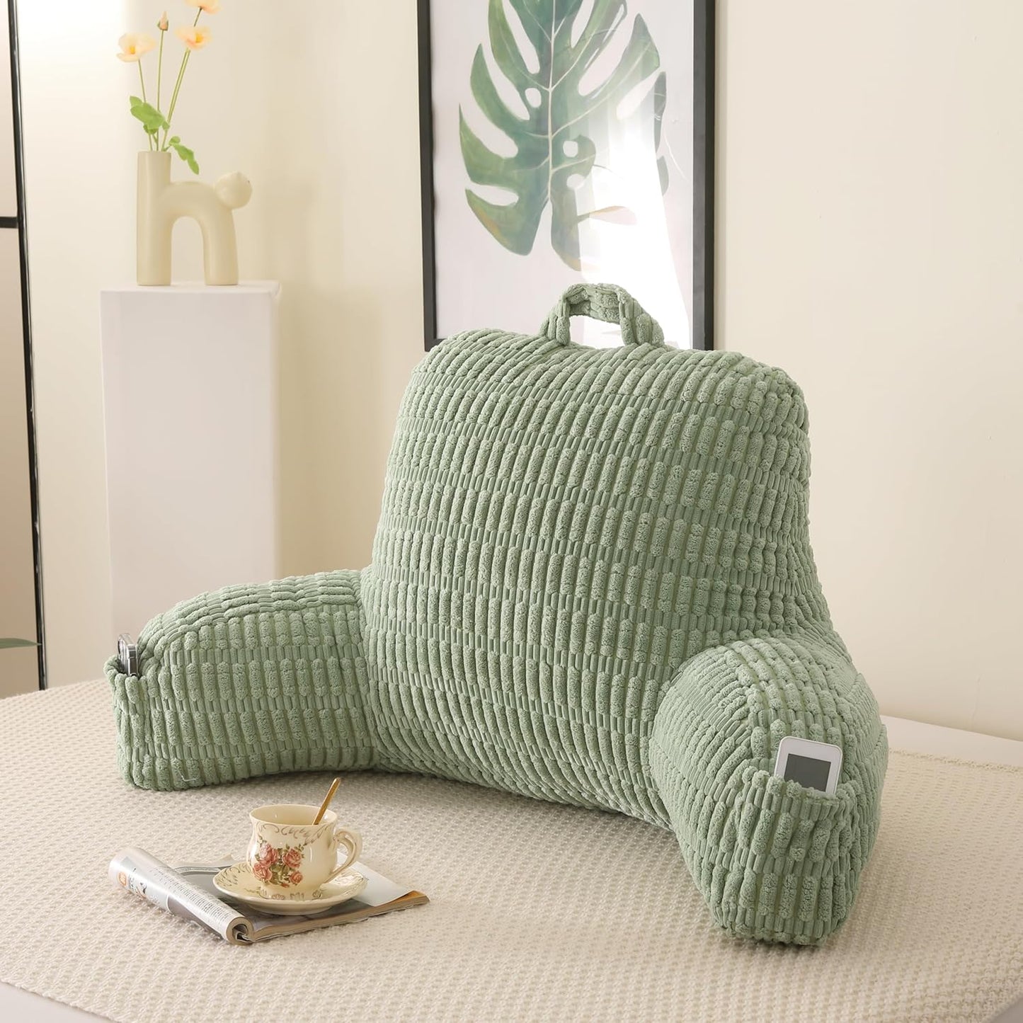 Reading Pillow for Bed,Large Backrest Reading Pillow with Arm Rest,Back Rest Support Cushion for Sit Up on Couch,Sofa,and Floor(Green Corduroy,Standard(17"))
