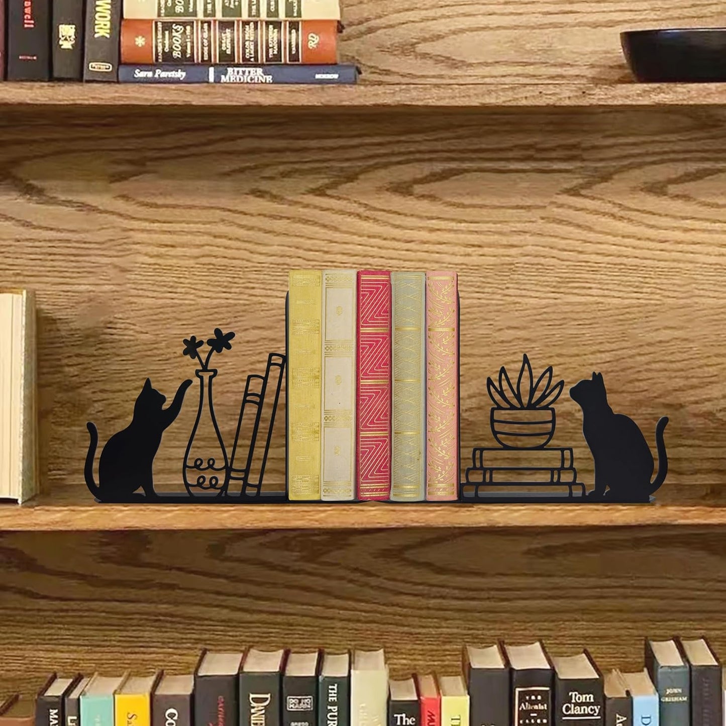 Whimsical Cat & Botanical Bookends – Unique Metal Bookends with Cats, Plants & Stacked Books Design | Cute Decorative Book Supports for Cat Lovers