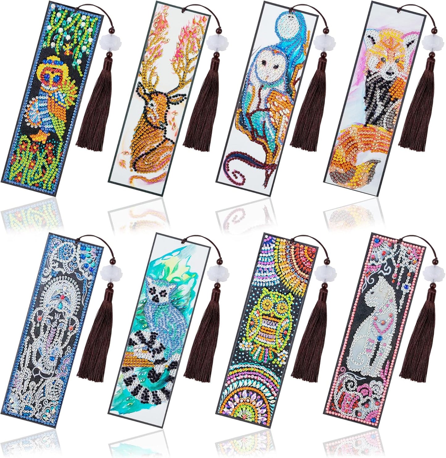 8 Pack Animal Diamond Art Bookmarks Kit, 5D DIY Diamond Painting Bookmarks with Tassels, Animal Crystal Diamond Art Leather Bookmark Set for Adults, Craft Gift Collection
