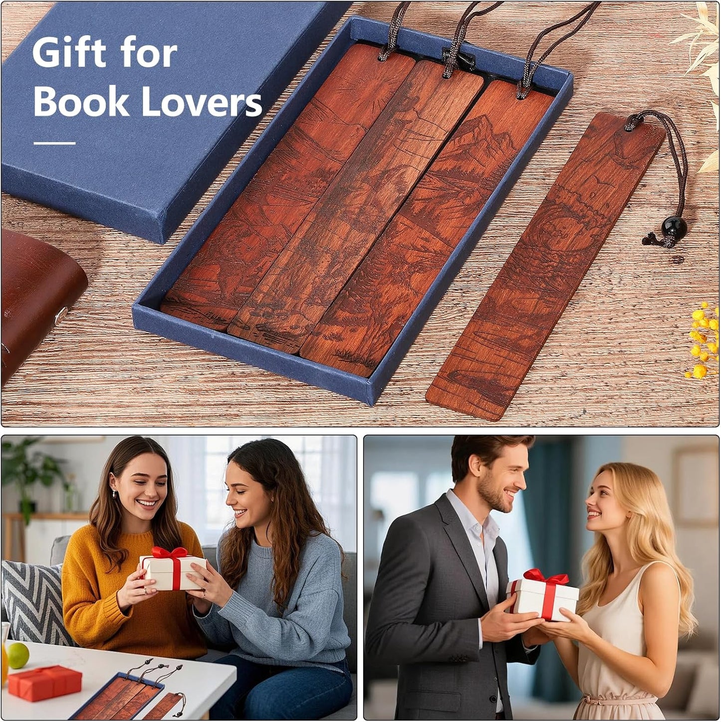 4Pcs Wood Bookmark for Men, Adventure Scenery Wooden Carving Book Mark Easter Gift for Men Book Lovers