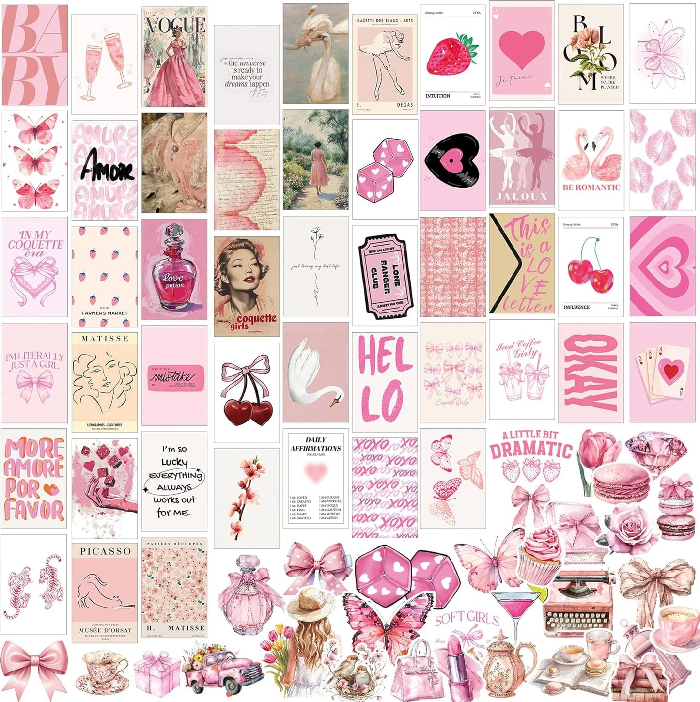 Fardes Coquette Room Decor Prints, 50pcs Cute Pictures for Pink Wall Decor, Coquette Wall Art, Poster Pack with Stickers for Teen Girls' Bedroom Decor