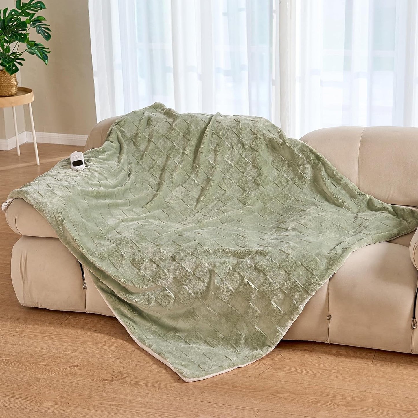 IUUI Heated Blanket Electric Throw Checkered- 50x60 Inches Soft Flannel Heating Blanket,Fast Heating Blanket 6 Heating Levels & 2 Hours Auto Off ETL Certification (Sage Green, Throw 50" x 60")
