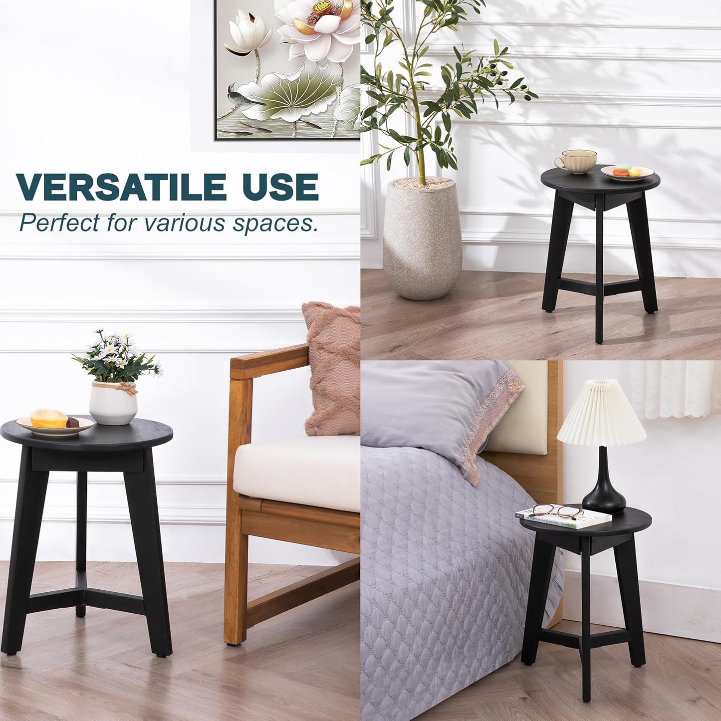 Round Side Table – Solid Acacia Wood End Table for Living Room or Bedroom – Black Wood Finish, Compact Nightstand or Accent Table for Sofas & Beds (13 x 16 x 13 Inches)