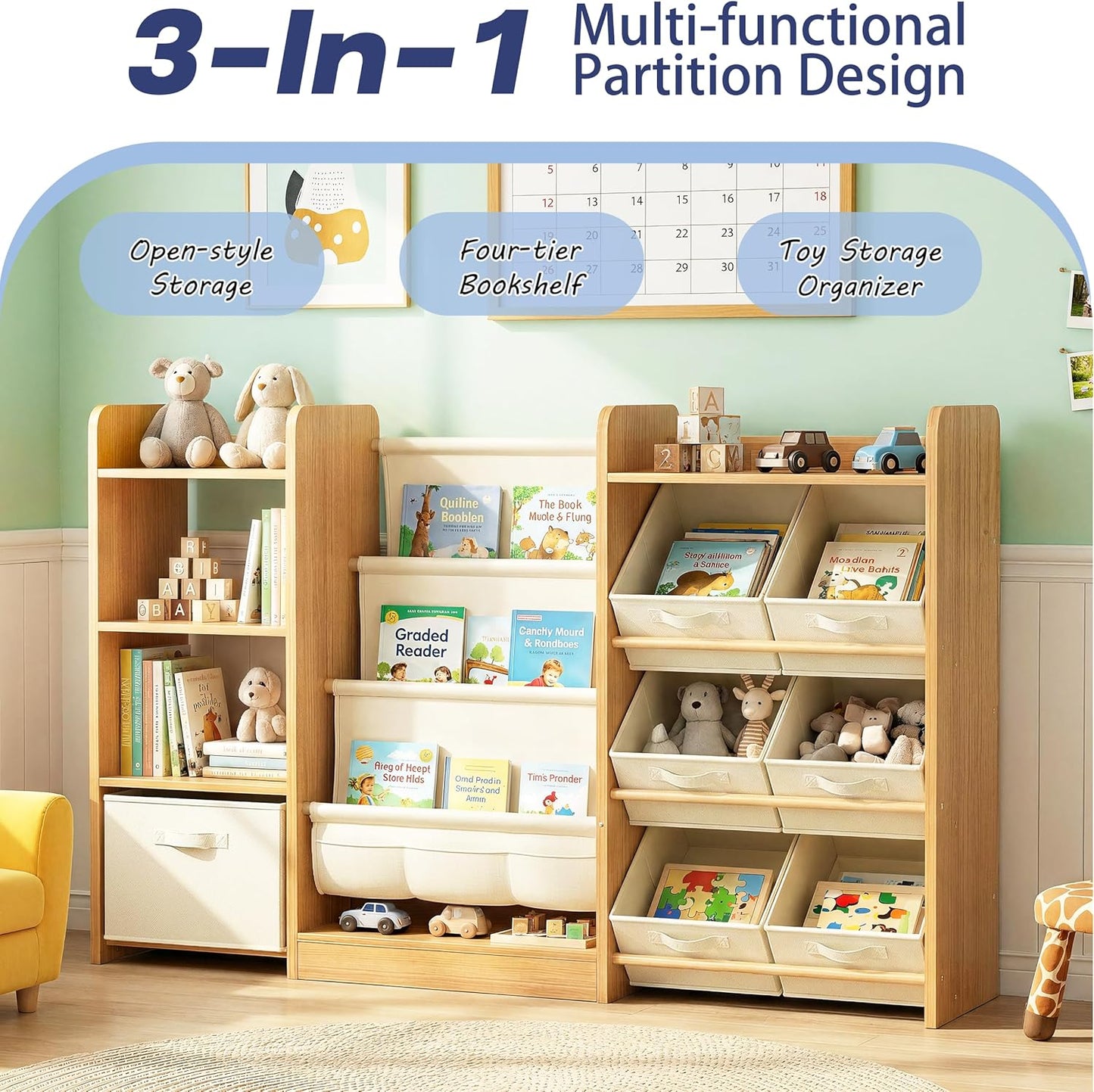Kids Bookshelf and Toy Storage, Large Toy Storage Chest with Removable Bins, Kids Toy Storage Organizer, Sling Baby Bookcase, 4-Tier Book Shelf for Kids Room, Playroom, Classroom