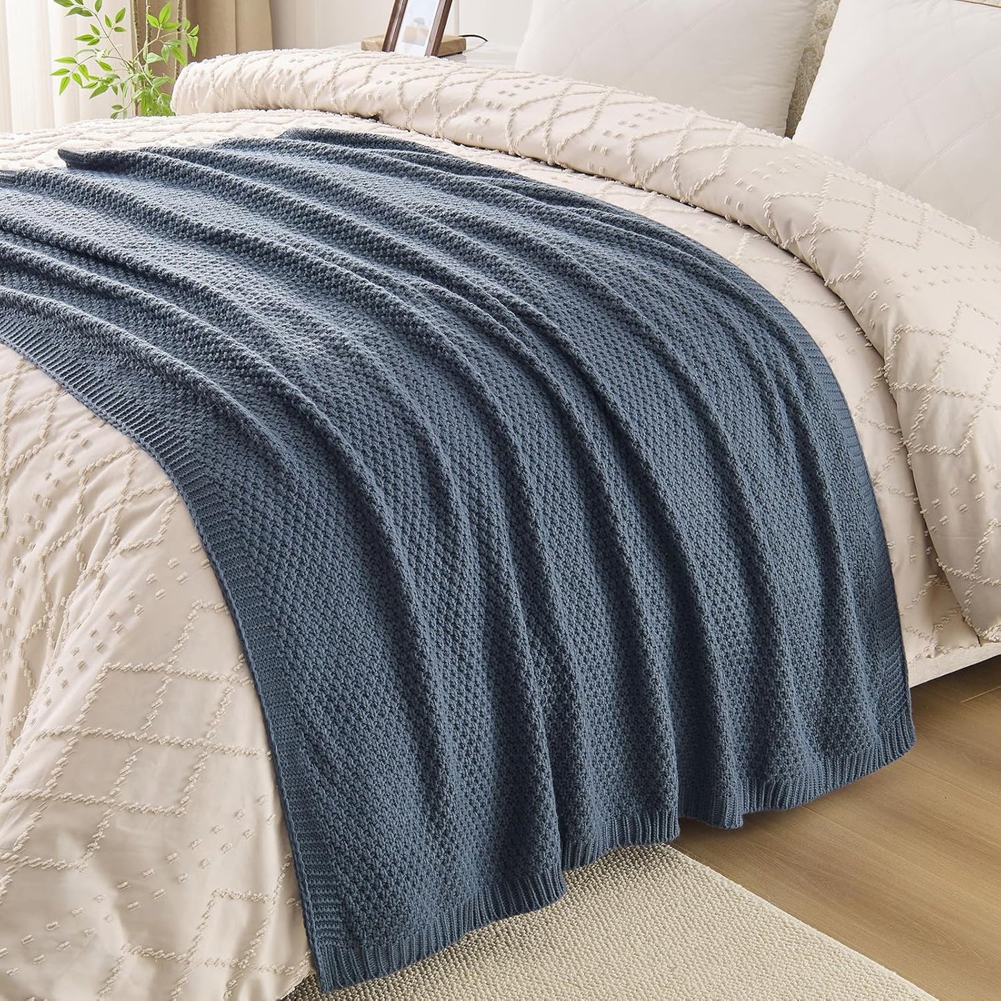 Blue Throw Blanket, Knit Throw Blanket for Couch, Soft Cozy Warm Lightweight Reversible Decorative Moss Stitch Cable Knitted Blankets for Bed, 60x80 Inches, Dusty Blue