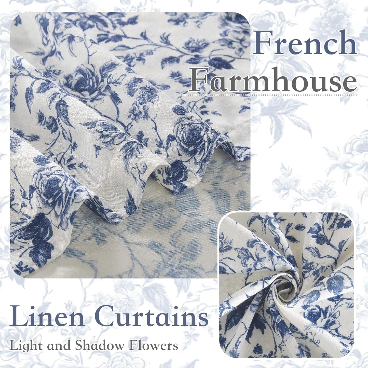 NICETOWN Blue Floral Curtains for Kitchen & Nursery, Linen Blend Drapes with Vintage Peony, Privacy & Light Filtering Inspired by British Museum's Blue & White Porcelain, W52 x L63 in, 2 Panels