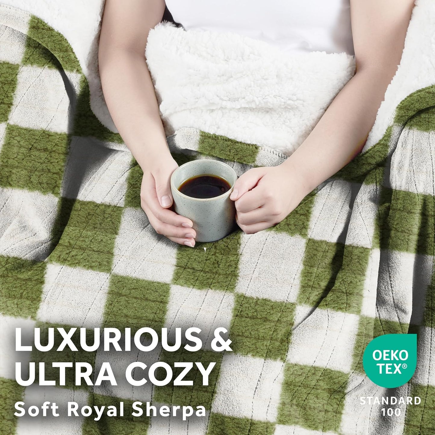 Sunbeam Printed Royal Sherpa Foot Pocket Heated Throw Electric Blanket, 50" x 60", 4 Heat Settings, 4-Hour Auto Shut-Off, Warming Cozy Throw for Couch or Bed, Machine Washable, Sage Checkerboard