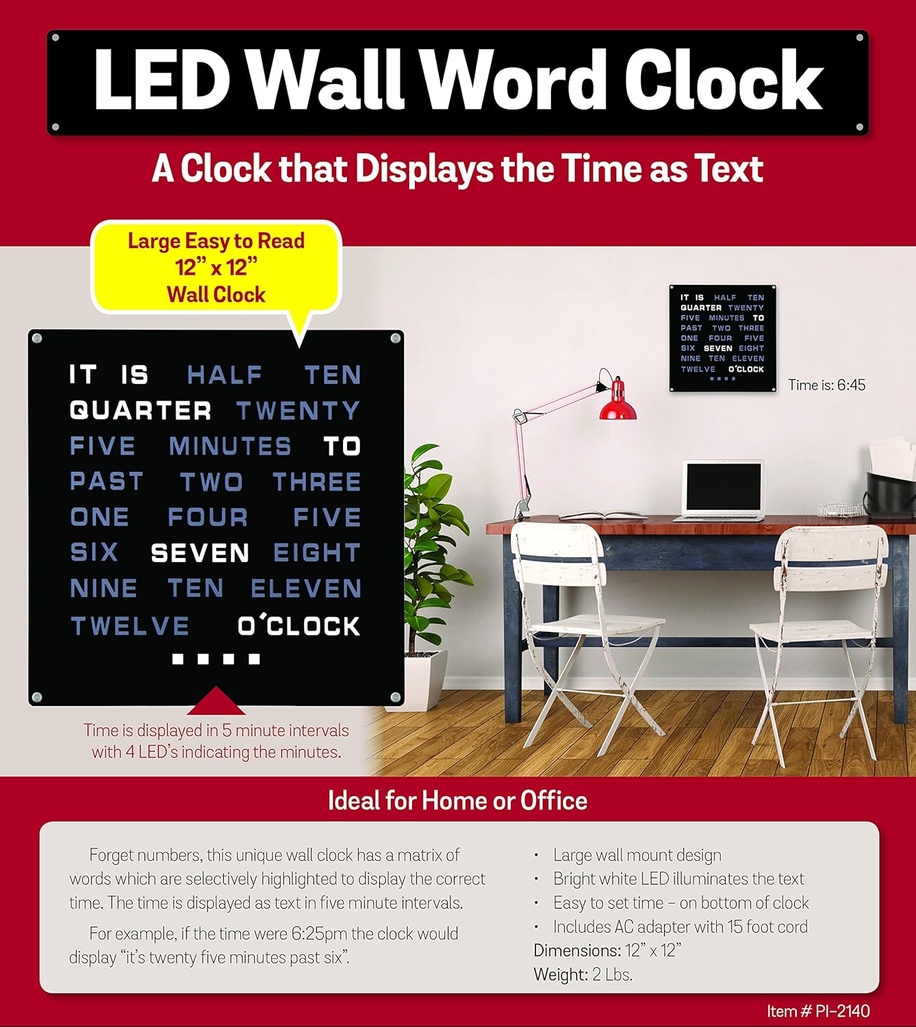Tech Tools LED Word Clock - Displays Time as Text - Powered by AC Adapter (12" x 12")